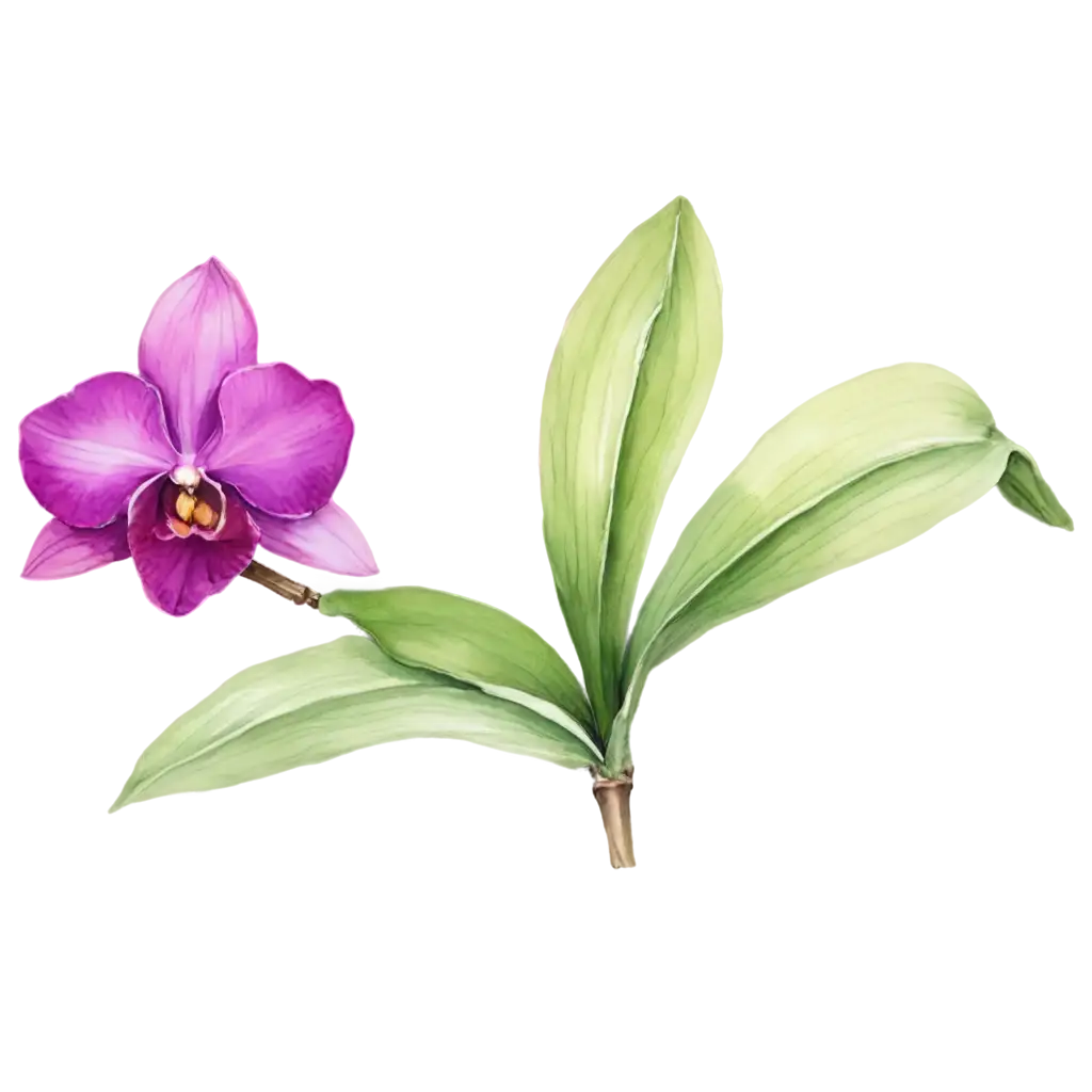 Violet-Orchid-with-Leaves-Painted-in-Watercolor-PNG-Image-for-Stunning-Digital-Artwork-and-Design