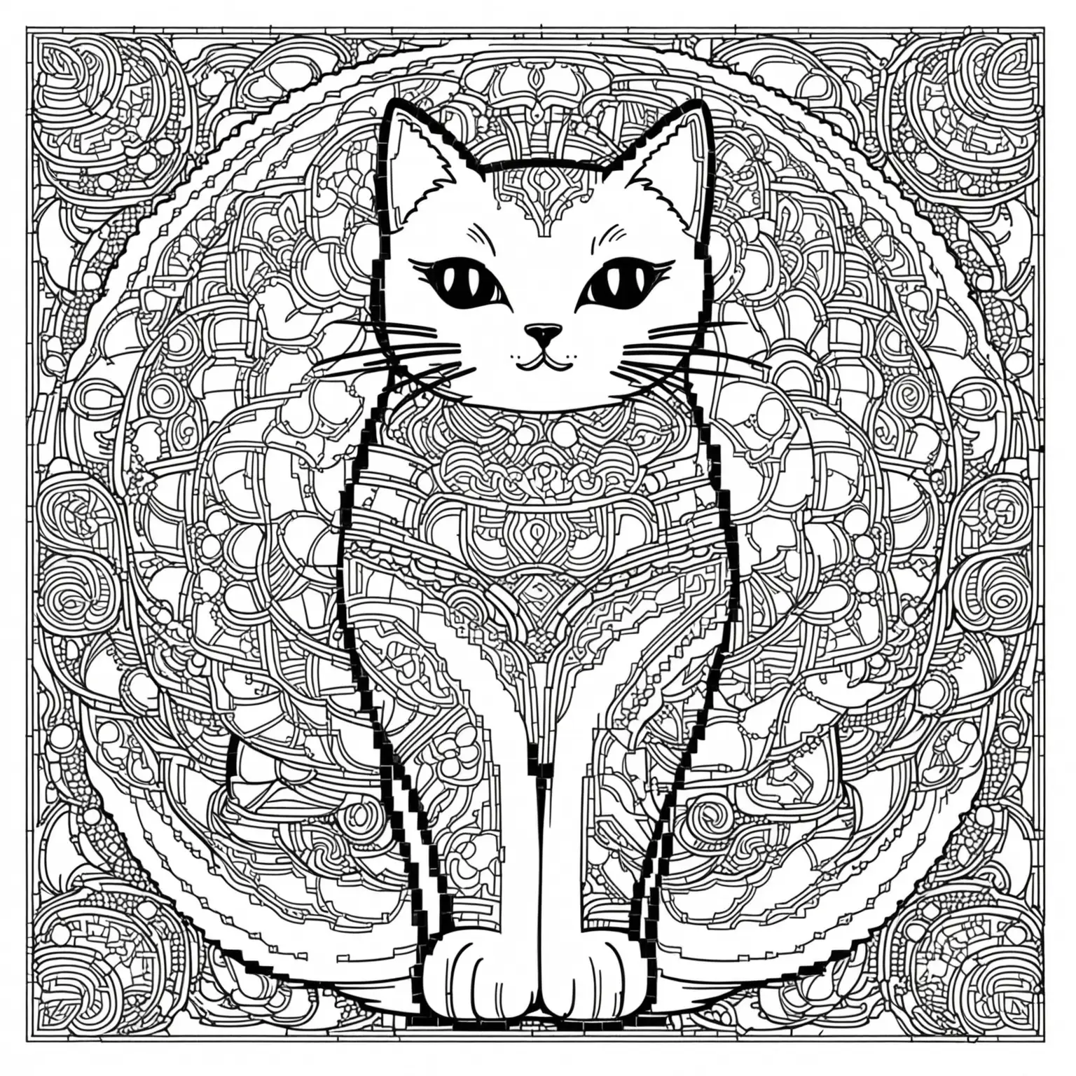 Whimsical-Cat-Mosaic-Art-Coloring-Page