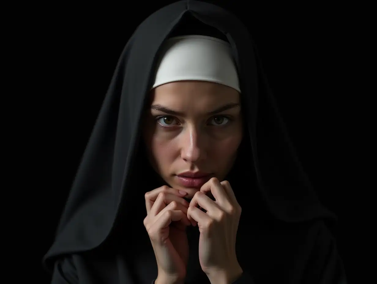 retrato fineart in low key of a dark and very mysterious nun with extreme realism in textures and definition of details. Clear brown penetrating eyes, with extreme realism and definition, perfect clear skin, thin pink lips and very realistic texture. Hands in interesting position. Black background