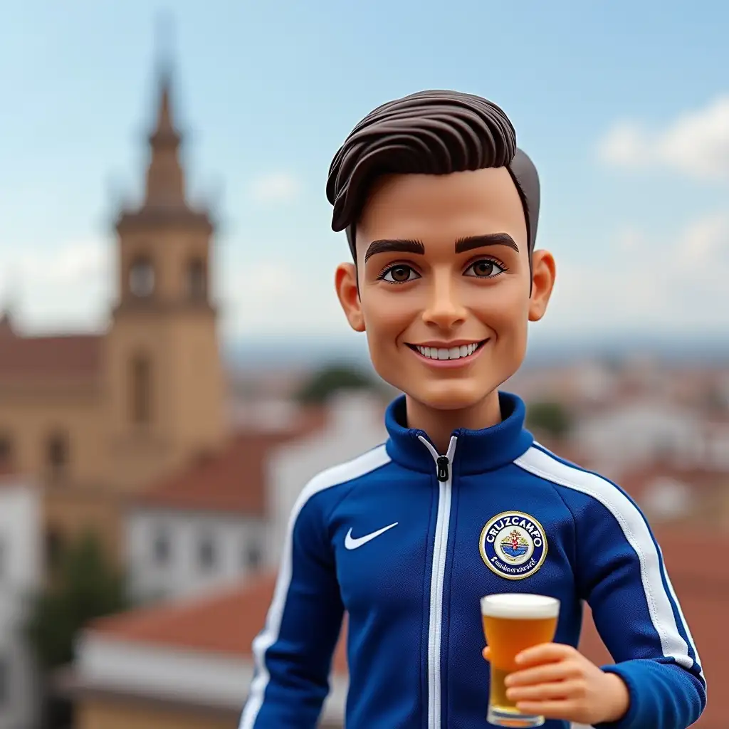 Create a Ken-style action figure doll with the face and features of the person in the uploaded photo. He is wearing a blue and white sports tracksuit inspired by Linares Deportivo (Linares football club). He is holding a glass of Cruzcampo beer. Include small elements or accessories related to Semana Santa (like a mini paso or nazareno) and Carnival (bright colors, mask or confetti). He has short hair with a side part and brown eyes. The background is the Giralda tower in Seville. The doll is packaged inside a toy box labeled: ‘Linares y su esencia’.