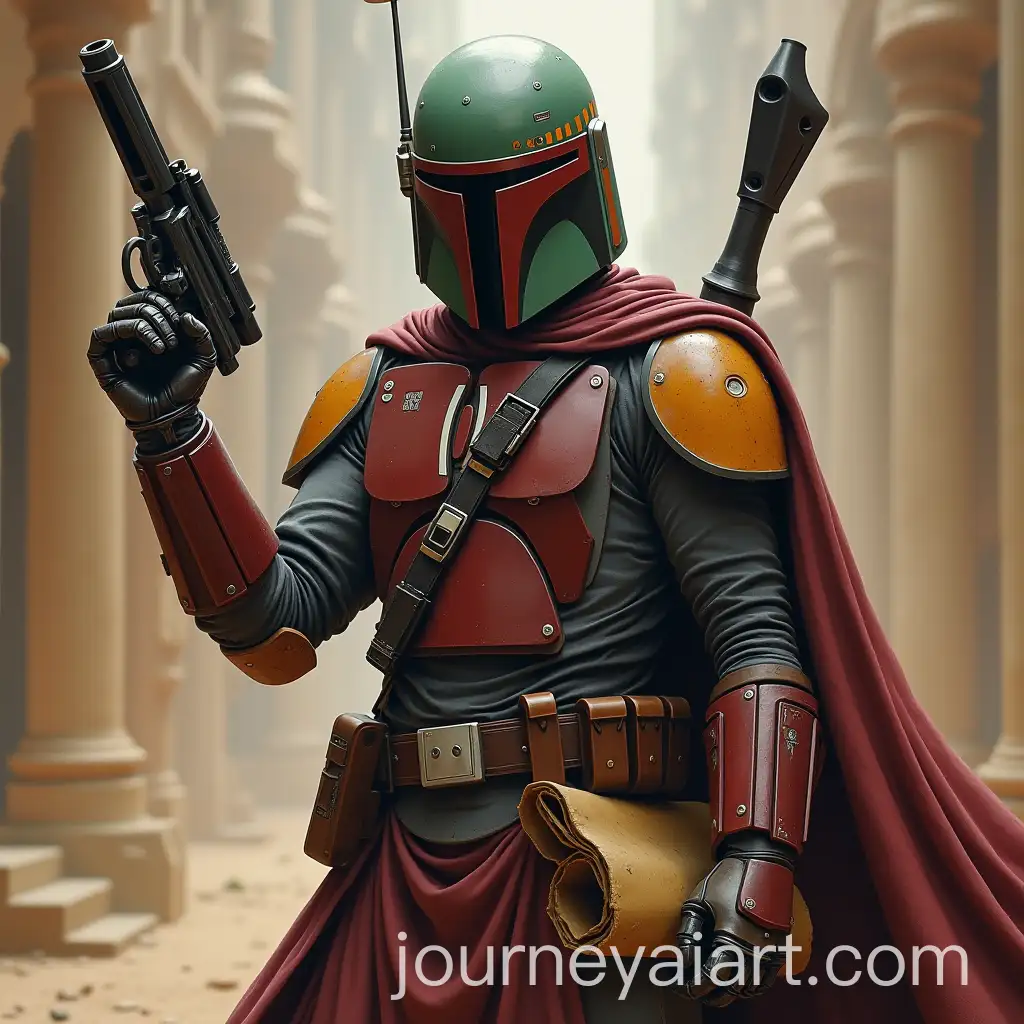 Bounty-Hunter-with-Robotic-Arm-Holding-Blaster-and-Ancient-Scroll