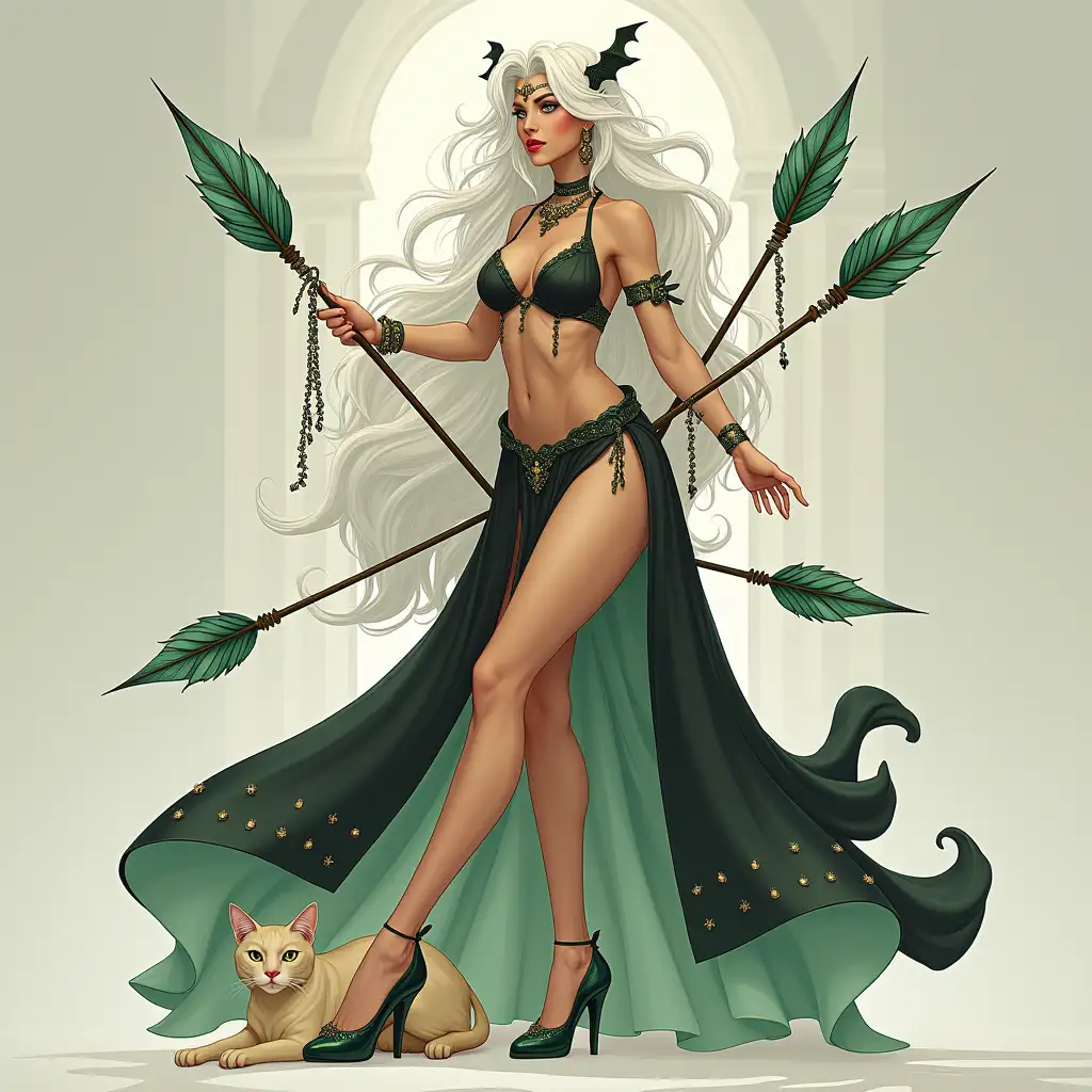 Mythological princess with white hair black lingerie, jewel chain arrows, green high heels with a cat