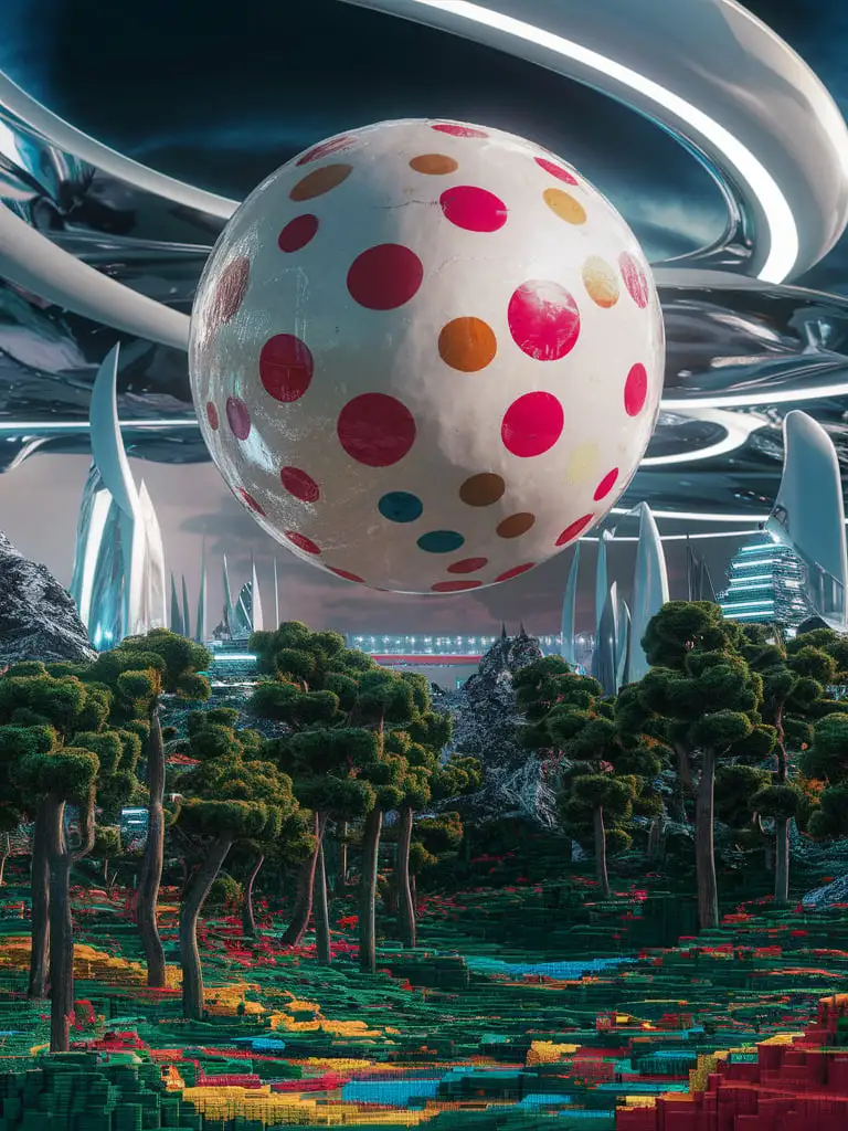 bubble moon, forest, realism, yayoi Kusama style, future, futuristic, pixels, web 3, pete Modrian style