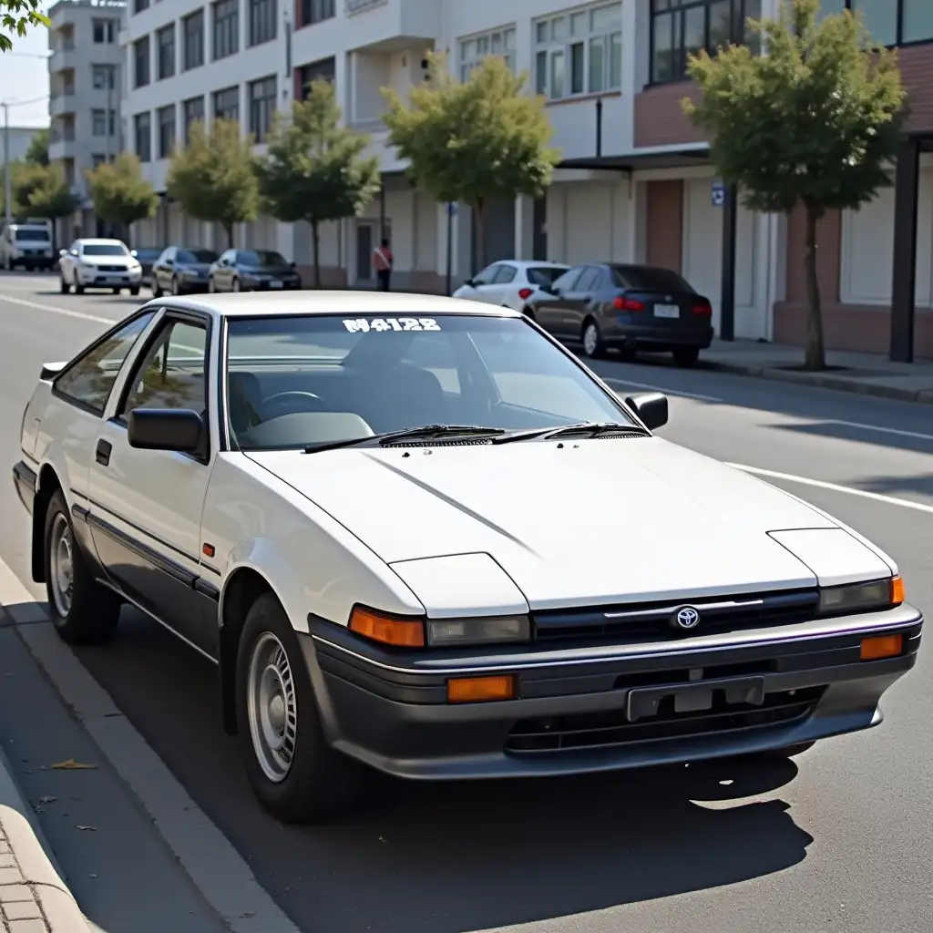 Toyota trueno86 color white japan, with 4 man With glases 