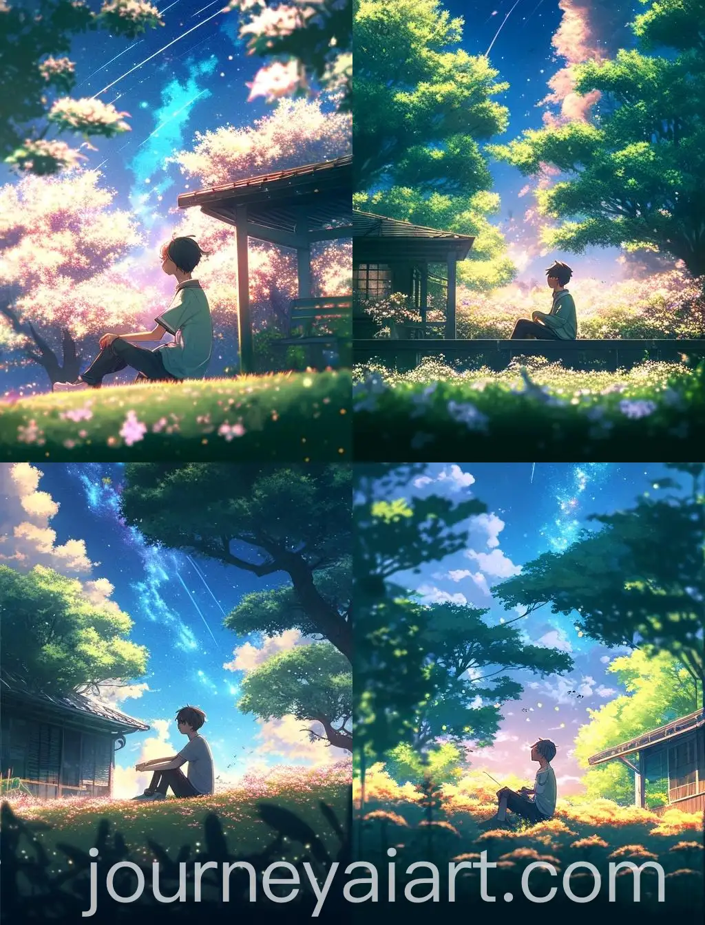 Anime-Boy-Sitting-on-Green-Ground-with-Trees-and-Flowers
