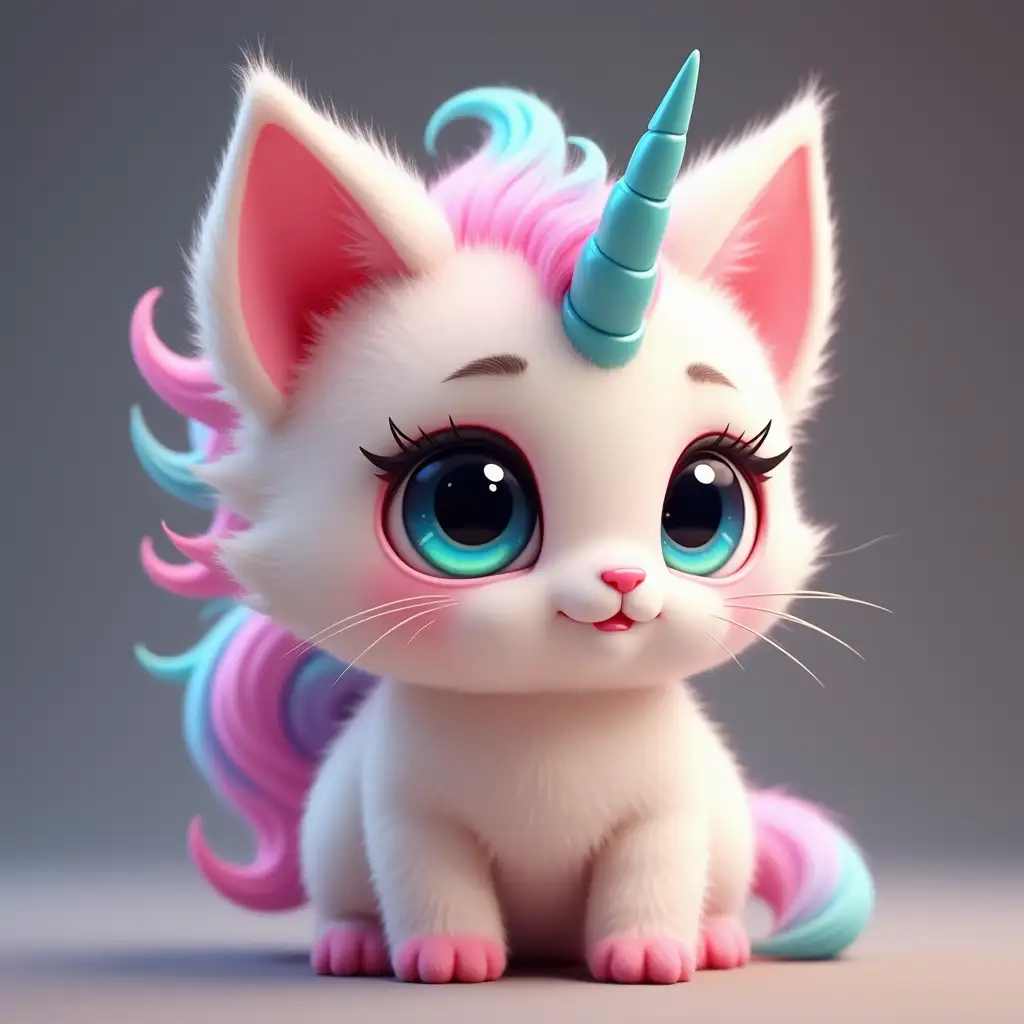 Cute, big eyes, rainbow furr, hybrid kitten unicorn