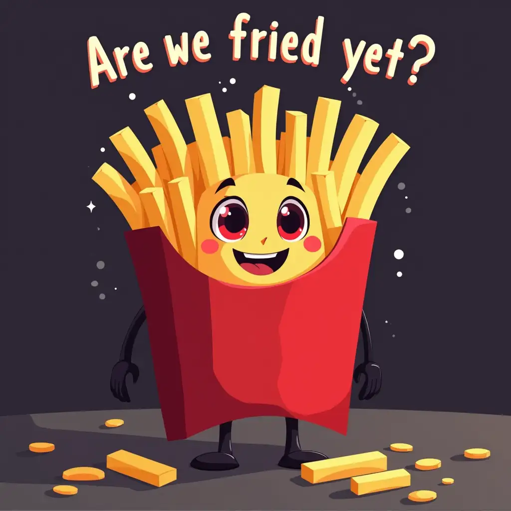 One single animated french fry that is very high with red eyes after taking psychedelic substances, above the french fry is a text that says 'Are we fried yet?'