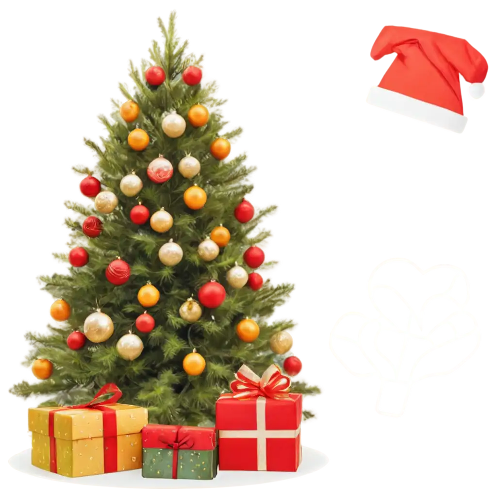 PNG-Image-of-a-Christmas-Tree-with-Gift-Boxes-Containing-Paella-Valenciana-and-Fish-Soup-Holiday-Culinary-Delight