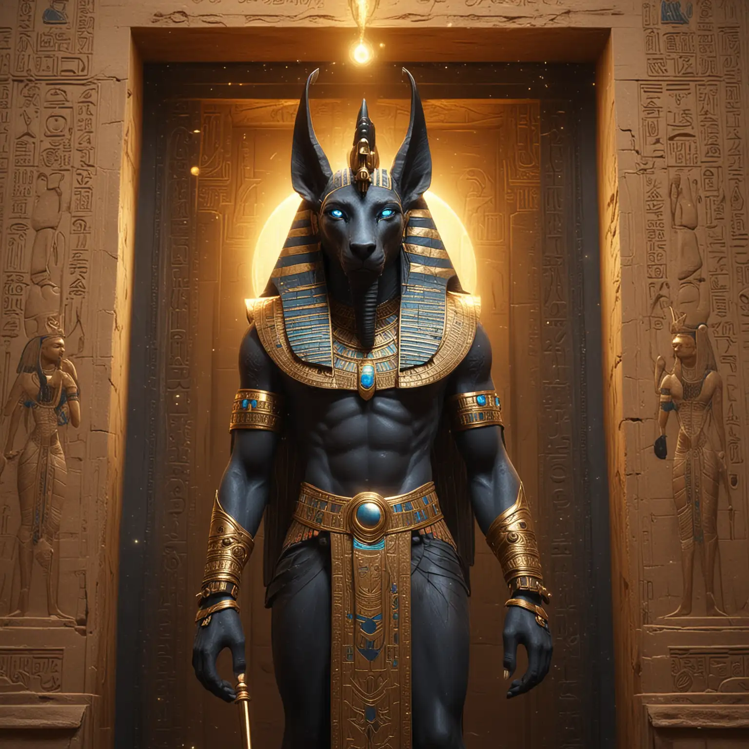 Anubis Egyptian God at Temple Door with Golden Aura