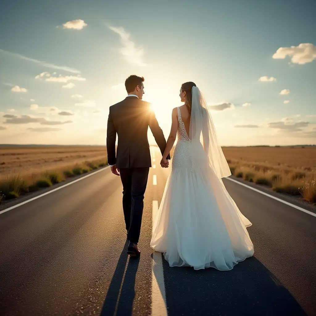 A couple - a man in a black suit and a girl in a wedding dress have just got married and are leaving along a road into a vast independent world full of joy and happiness. The image should be panoramic, for viewing in 360 degrees mode