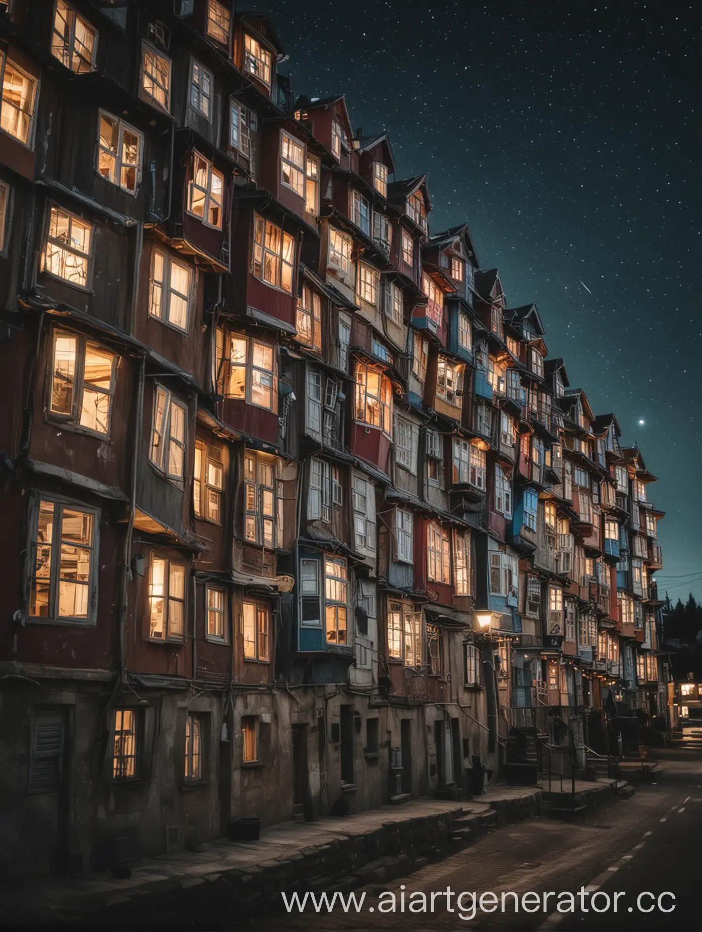 Houses with windows are spinning in a spiral, and bright lights