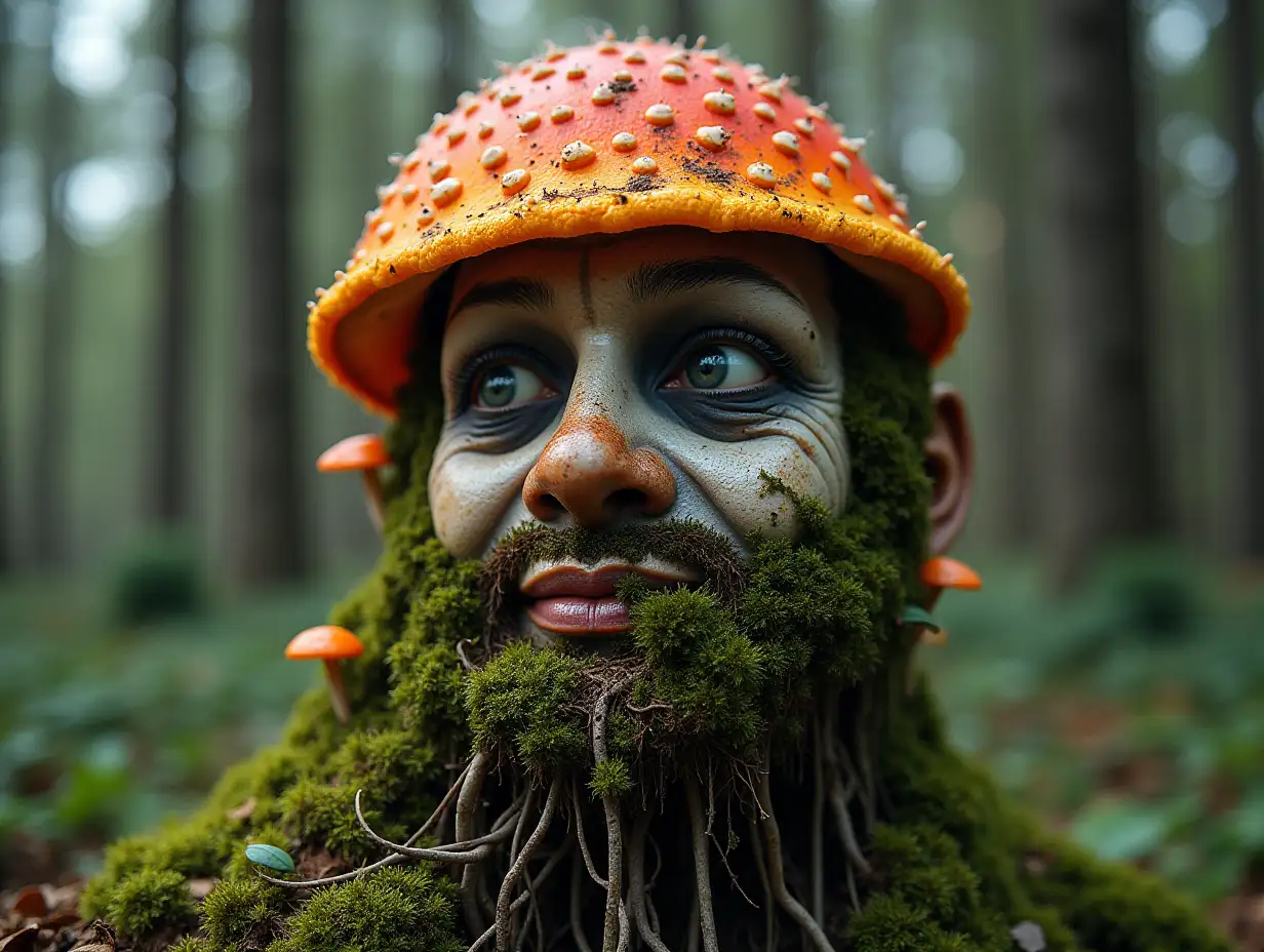 Face with colorful mushroom in mouth roots transformed into building in the forest