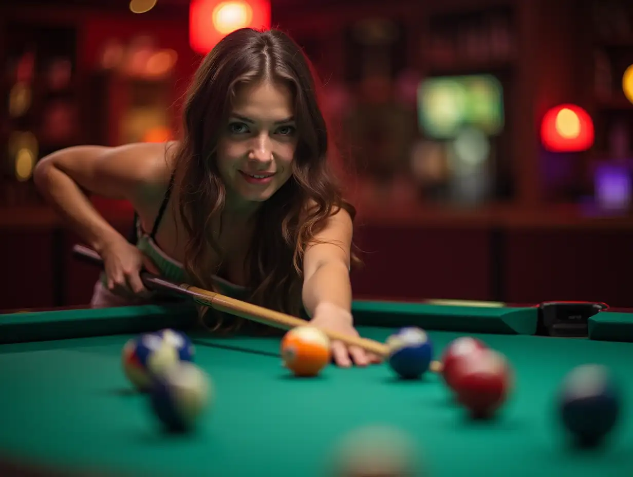 Girl-Playing-Pool-in-Local-Bar-with-Intense-Focus