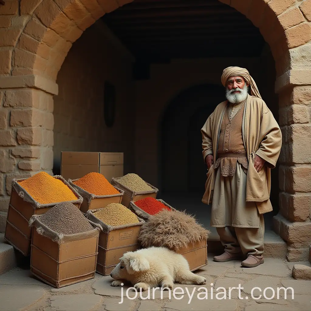 Elderly-Iranian-Merchant-at-an-Ancient-Caravanserai-with-Spices-and-Wool