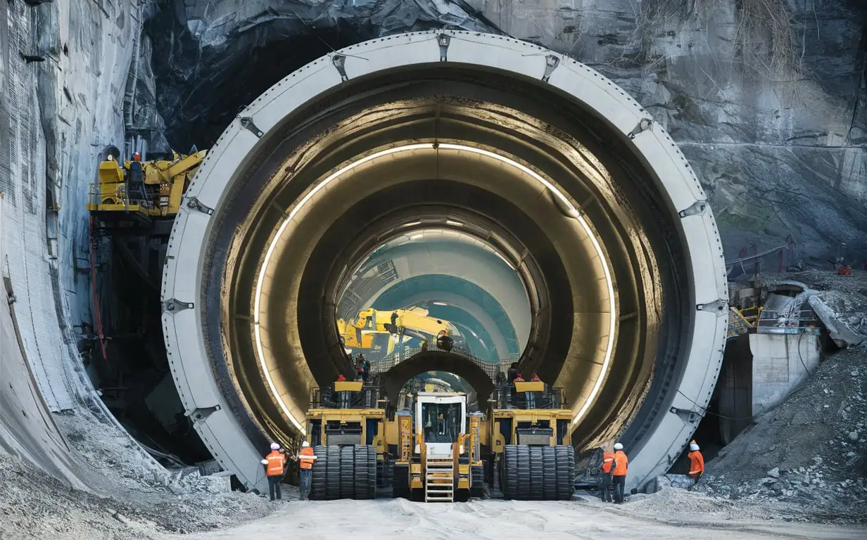 Enormous Illuminated Tunnel Entrance with Workers and Heavy Machinery