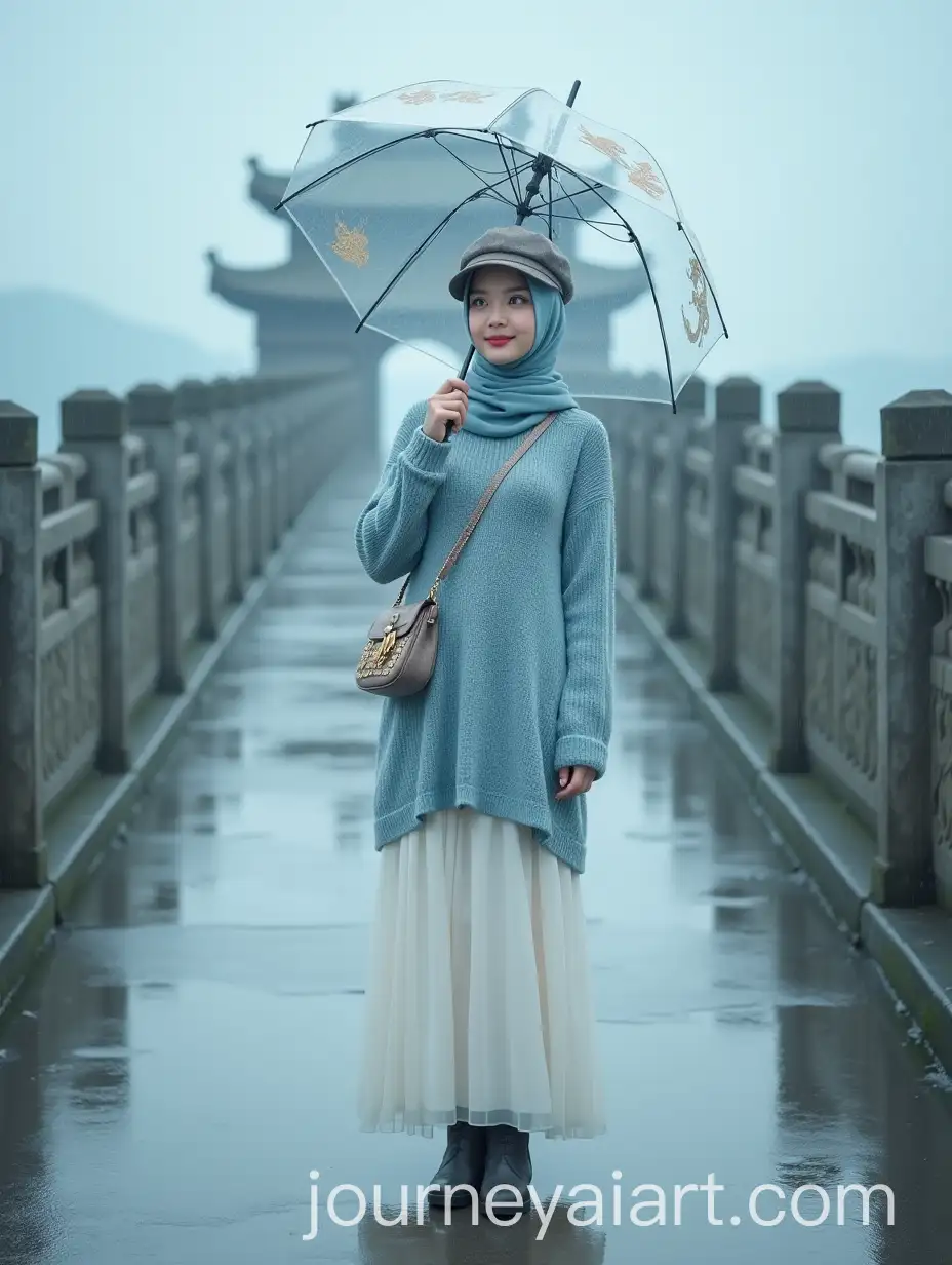 Korean-Woman-in-Hijab-and-Indigo-Dress-Posing-on-Chinese-Fortress-Bridge
