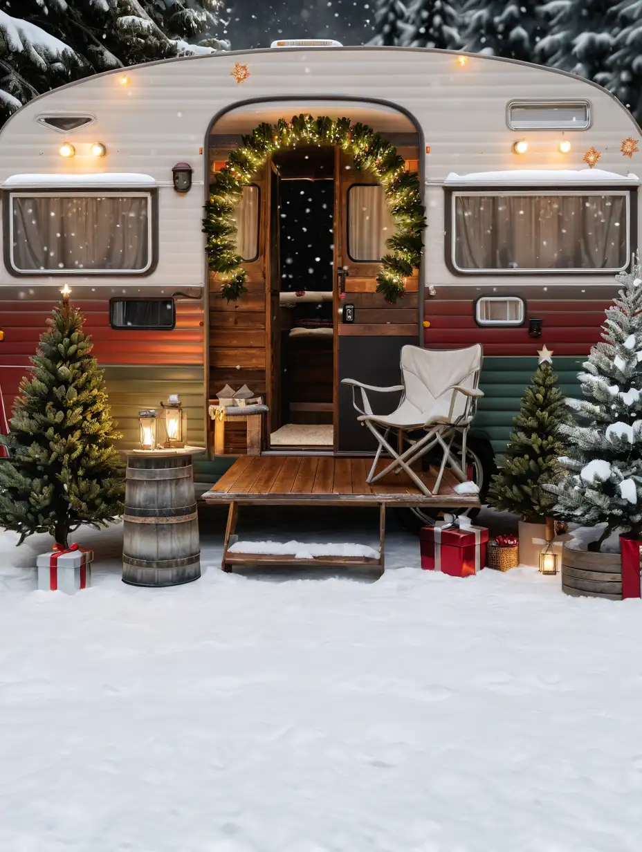 Rustic Old Time Camper in Snowy Christmas Scene with Christmas Trees