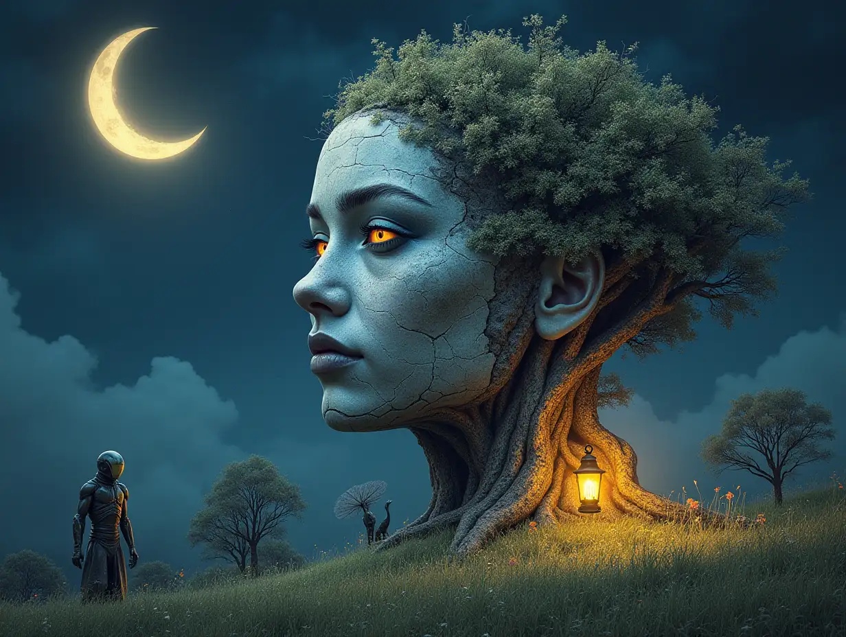 Creating a digital painting face with hair transformed into building with silver stone and Illuminated trees with roots and lantern and alien creatures on a meadow crescent moon