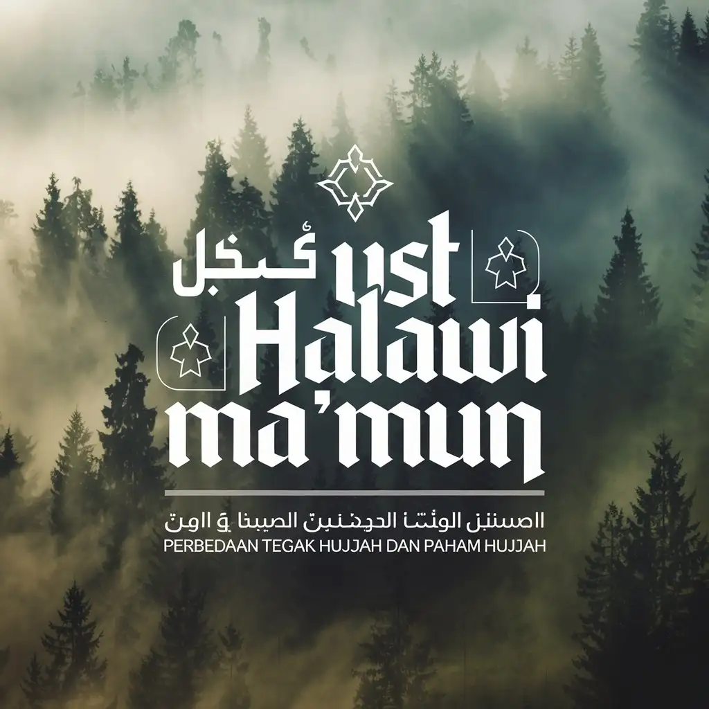 logo design image with large text 'ust halawi ma'mun' and small text 'perbedaan tegak hujjah dan paham hujjah'. Misty forest background