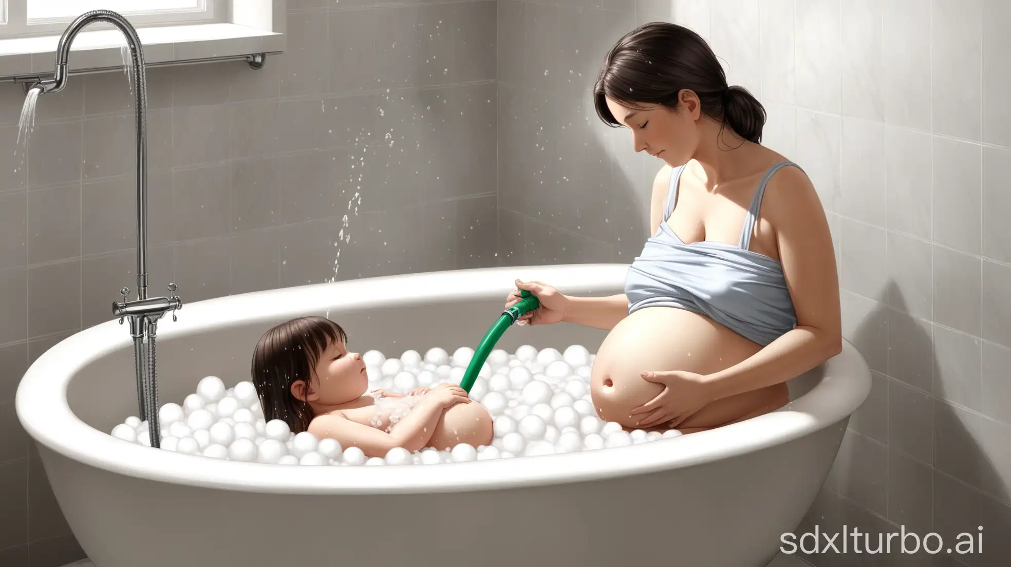 Mother-Washing-Girls-Rubber-Bag-Filled-with-Soapsuds-in-a-Bathtub