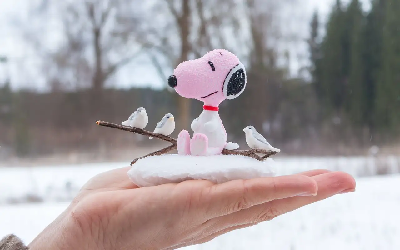 Snow, the world's smallest pink-and-white Snoopy and birds, in the palm of your hand, you can almost touch them. Beautiful, cute, adorable and true to its background, this miniature marvel is something to behold.