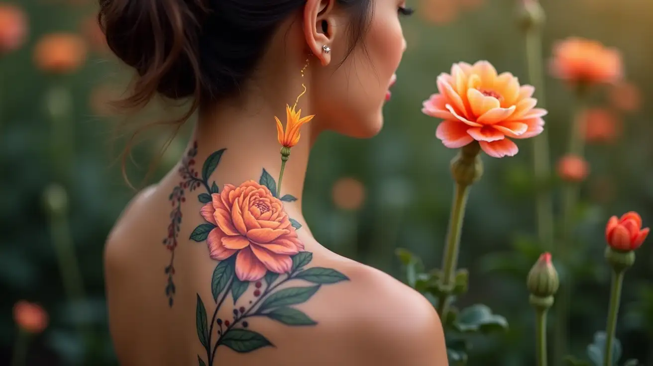 Woman-with-Flower-Tattoo-Connected-to-Real-Flower-with-Energy-Line