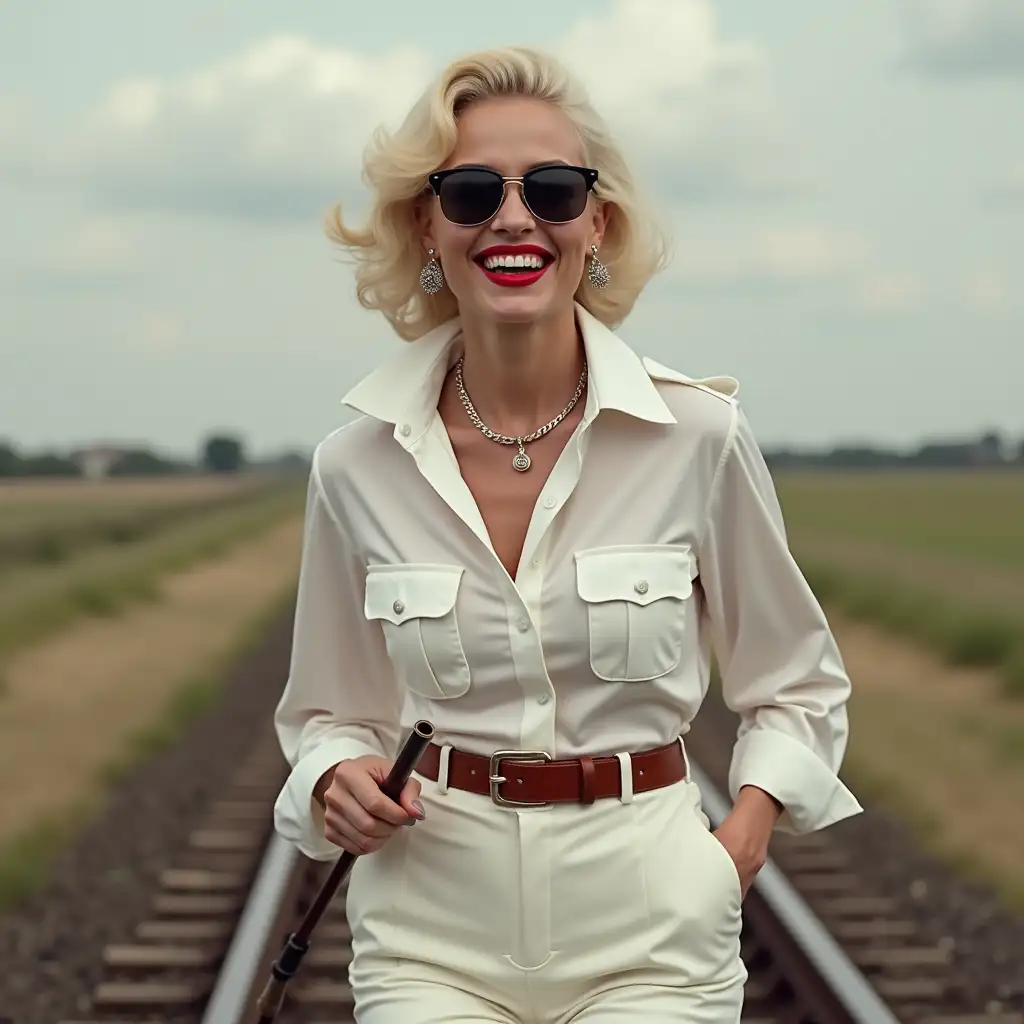 marolyn monroe, wearing an white button-up flight school shirt, laughing with her mouth open, red lipstick accentuating her smile, accessorized with a stylish belt, holding a leather whip, jewerly, white skin, big wide hips, chest are fully grown, pilot sunglasses, two european lady walking on rails,