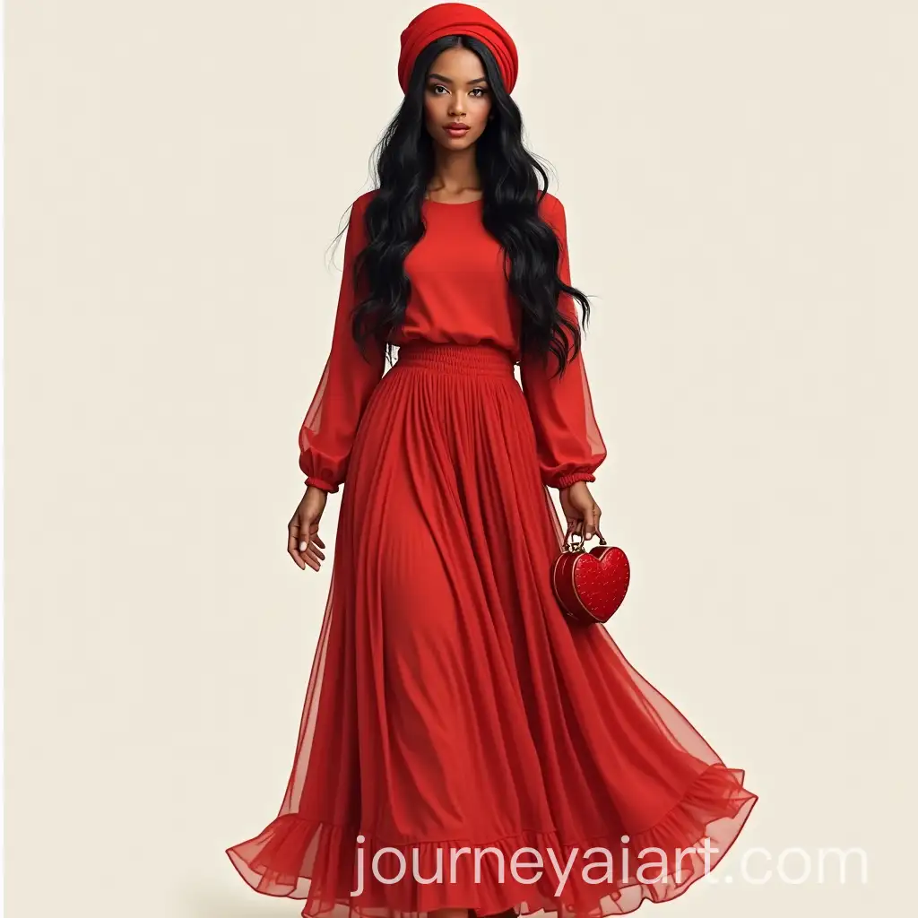 Elegant-Woman-in-LionColored-Dress-with-Red-Headscarf-and-HeartShaped-Bag