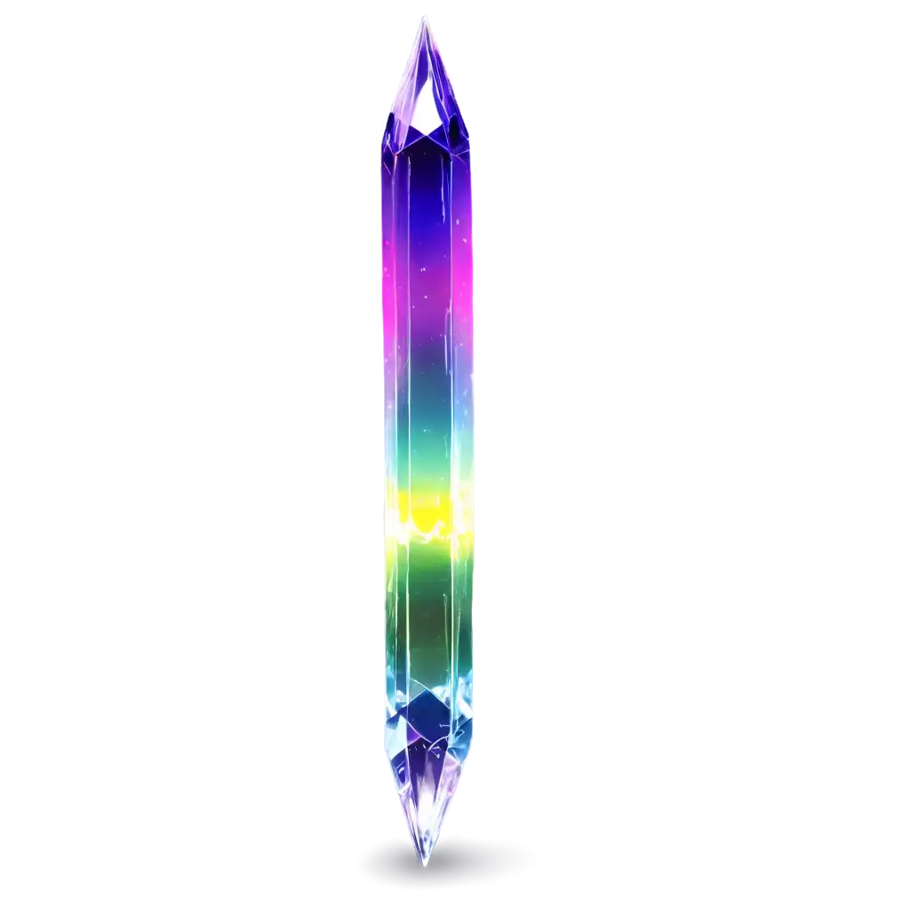 A long, sharp and transparent crystal with neon-like colorful reflections such as blue, green, yellow, and purple. The crystal has a reflective surface with light bouncing off from various angles, creating a dramatic lighting effect. The complex crystal structure resembles broken glass that emits spectrum light in a dark and mysterious environment.