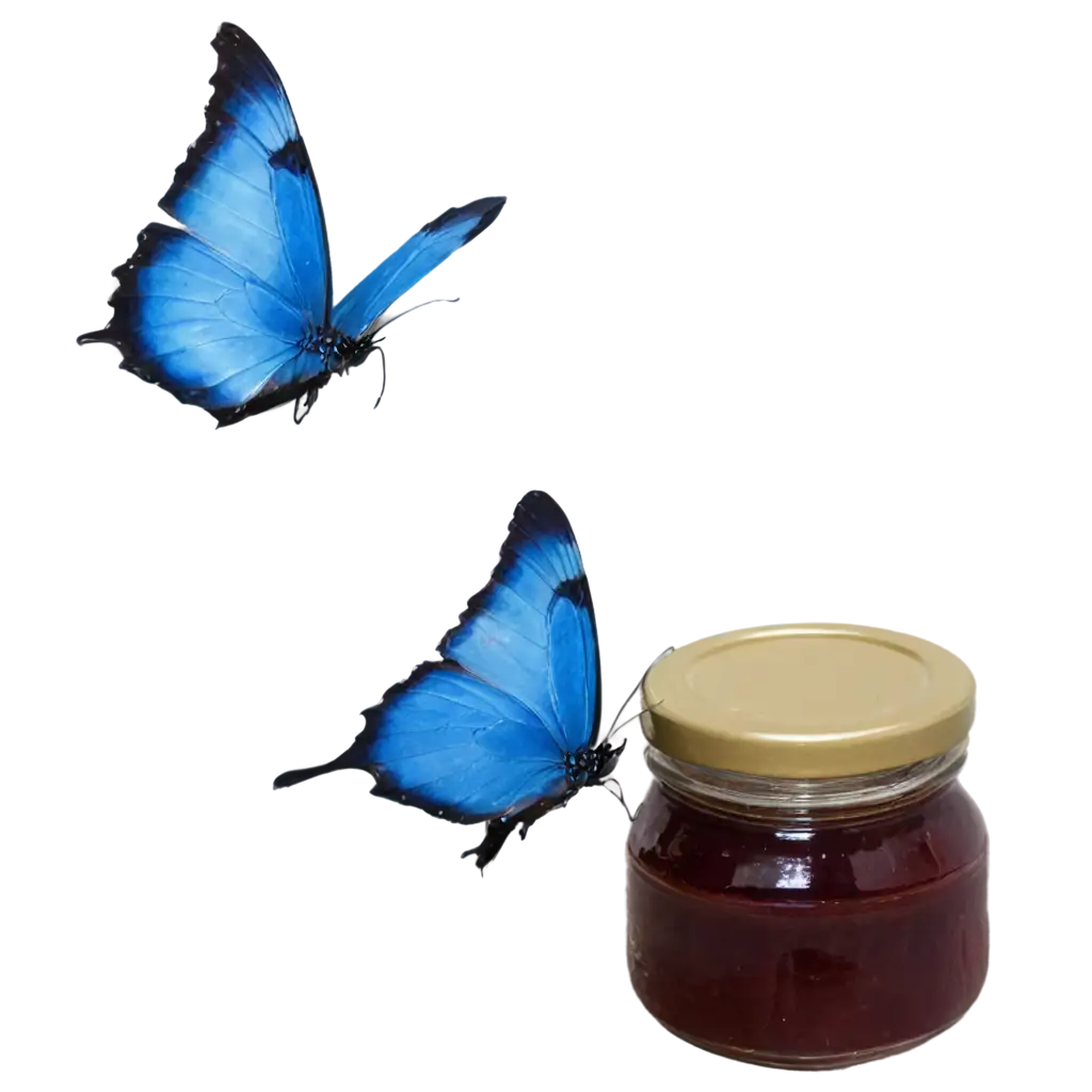 blue butterfly sits on a jar of jam