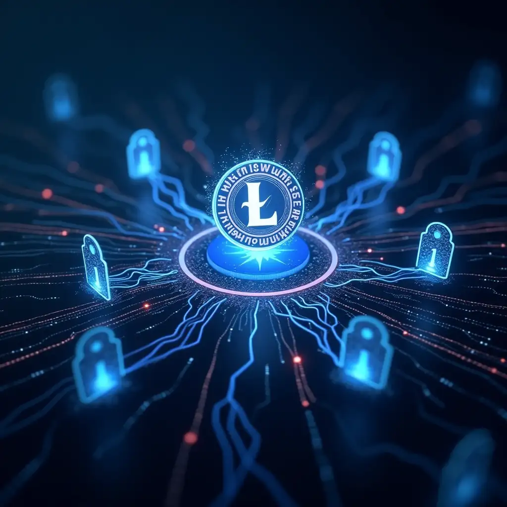 A futuristic scene showcasing the Litecoin logo, surrounded by digital shields and locks representing security. There are bright, fast-moving digital lines around it, symbolizing the Segregated Witness (SegWit) technology. In the background, a network of nodes connected by lightning bolts represents the Lightning Network technology, showing the speed and security of Litecoin transactions.