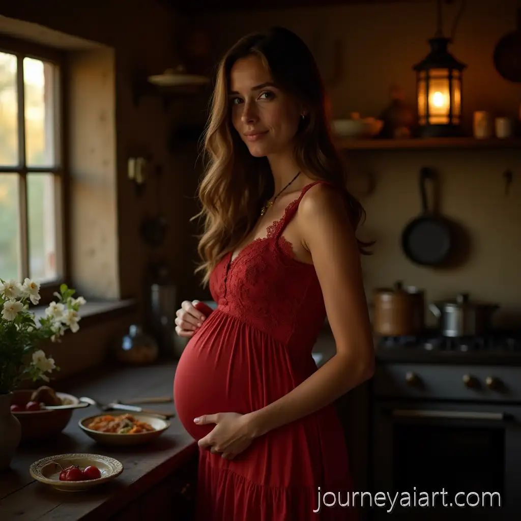 Pregnant-Woman-Preparing-Food-in-a-Rustic-Kitchen-at-Dusk