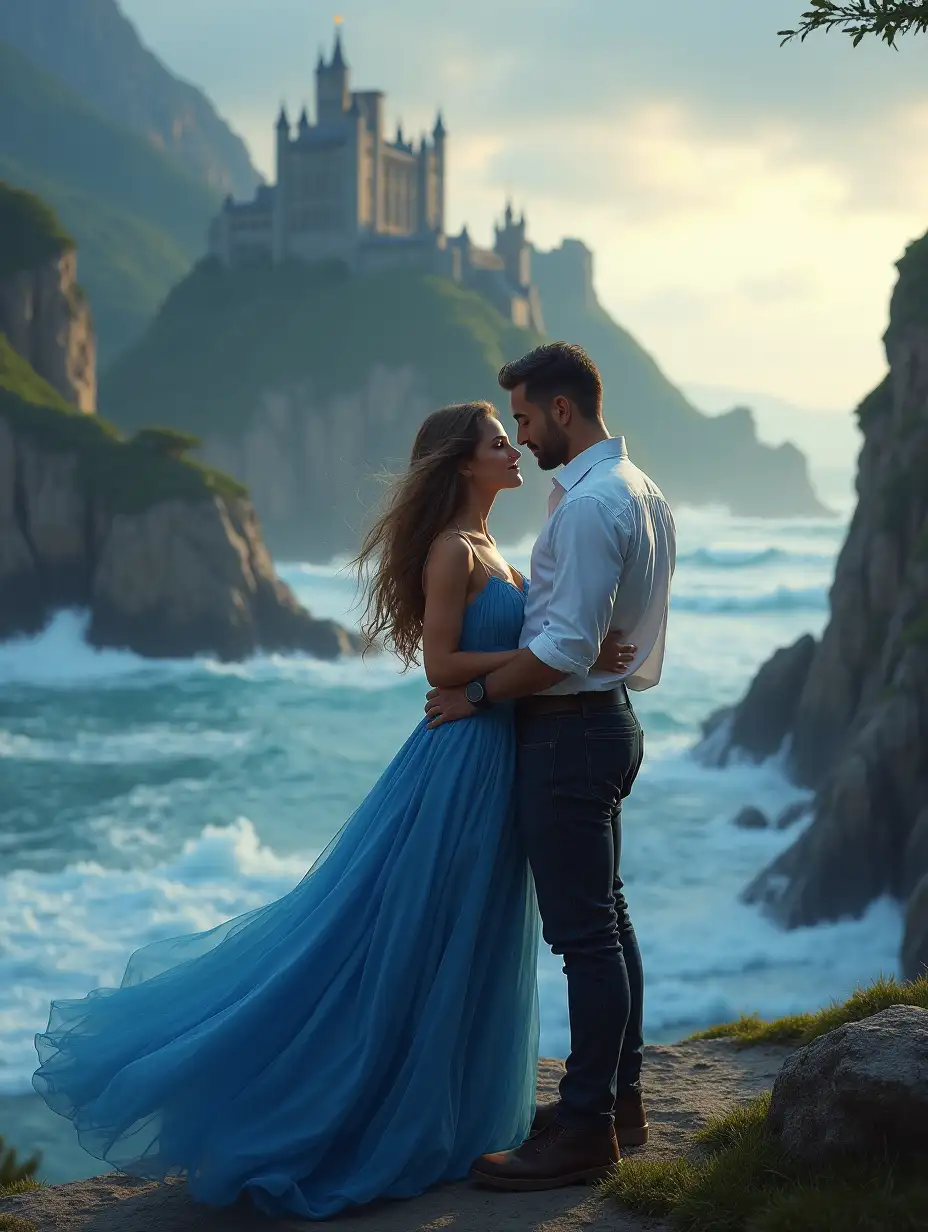 A romantic fantasy scene featuring a handsome, strong male hero in a white shirt, standing close to a stunning woman in a flowing blue gown. They are surrounded by a dramatic landscape of cliffs, crashing waves, and an ancient castle perched atop a mountain. The atmosphere is filled with romance and adventure, with sunlight breaking through the clouds. Created using cinematic lighting, vivid colors, detailed character designs, fantasy-inspired environment, hd quality, natural look