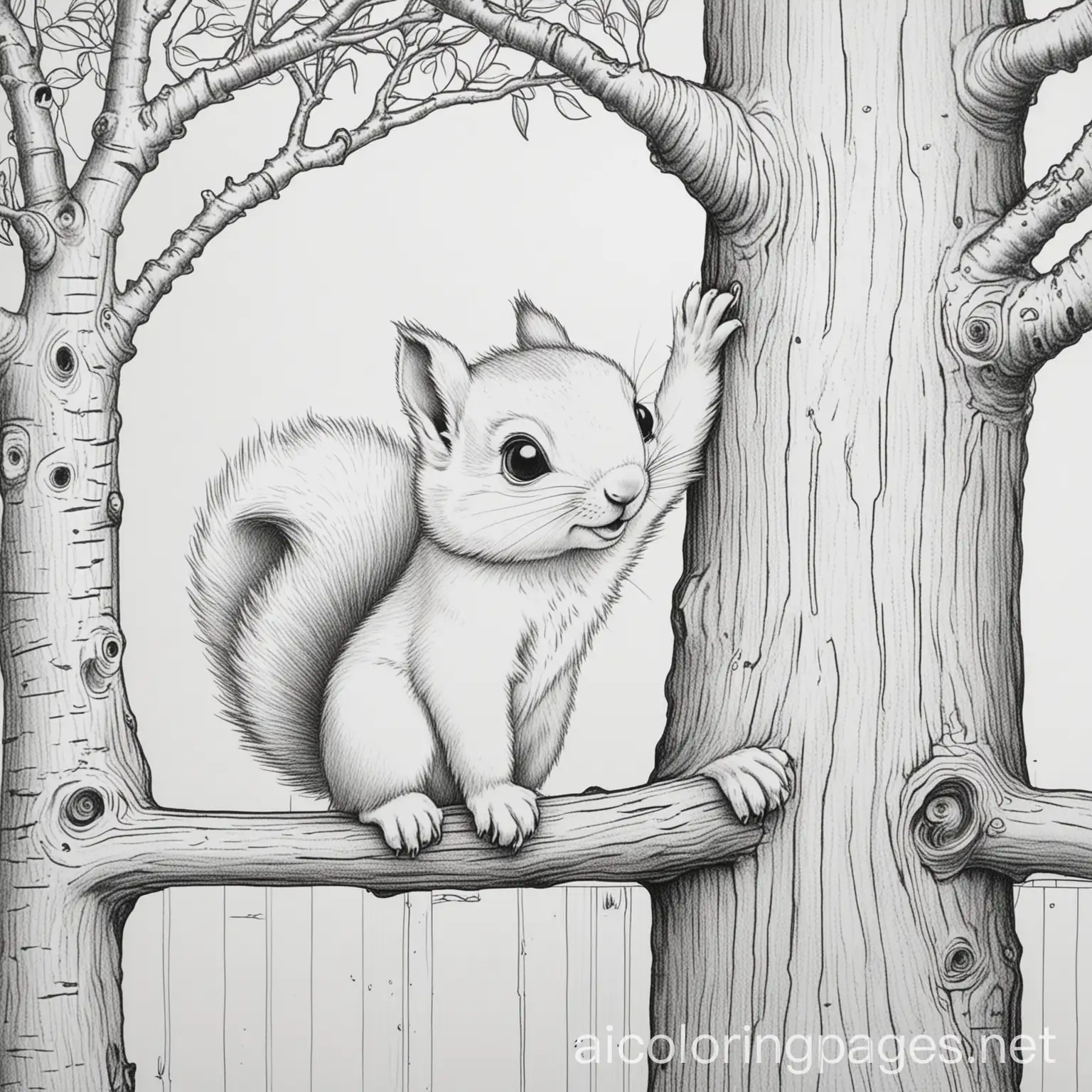 Young-Squirrel-Climbing-Wide-Trunk-Tree-Coloring-Page