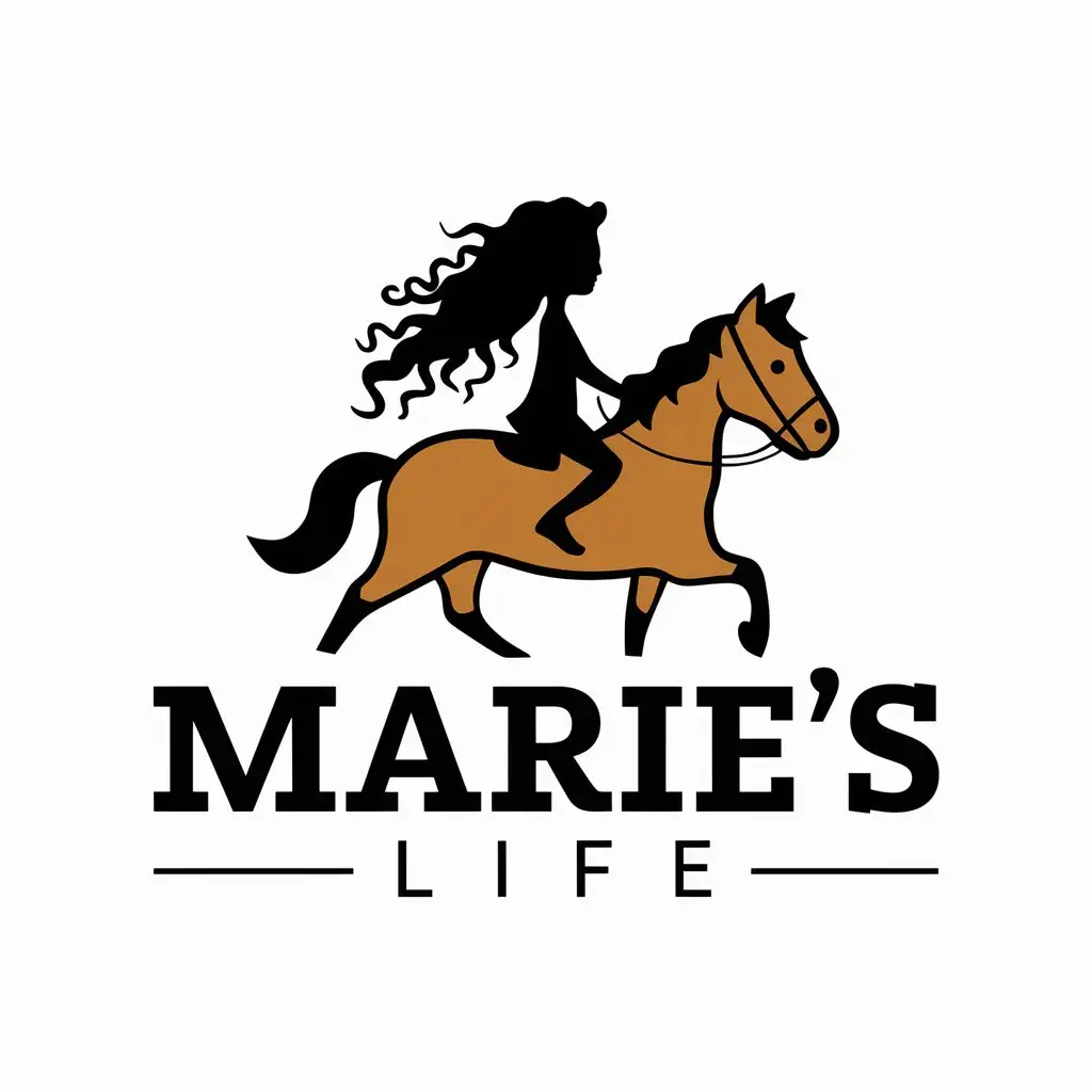 LOGO-Design-for-Maries-Life-Girl-with-Long-Curly-Hair-Riding-a-Horse-on-Clear-Background