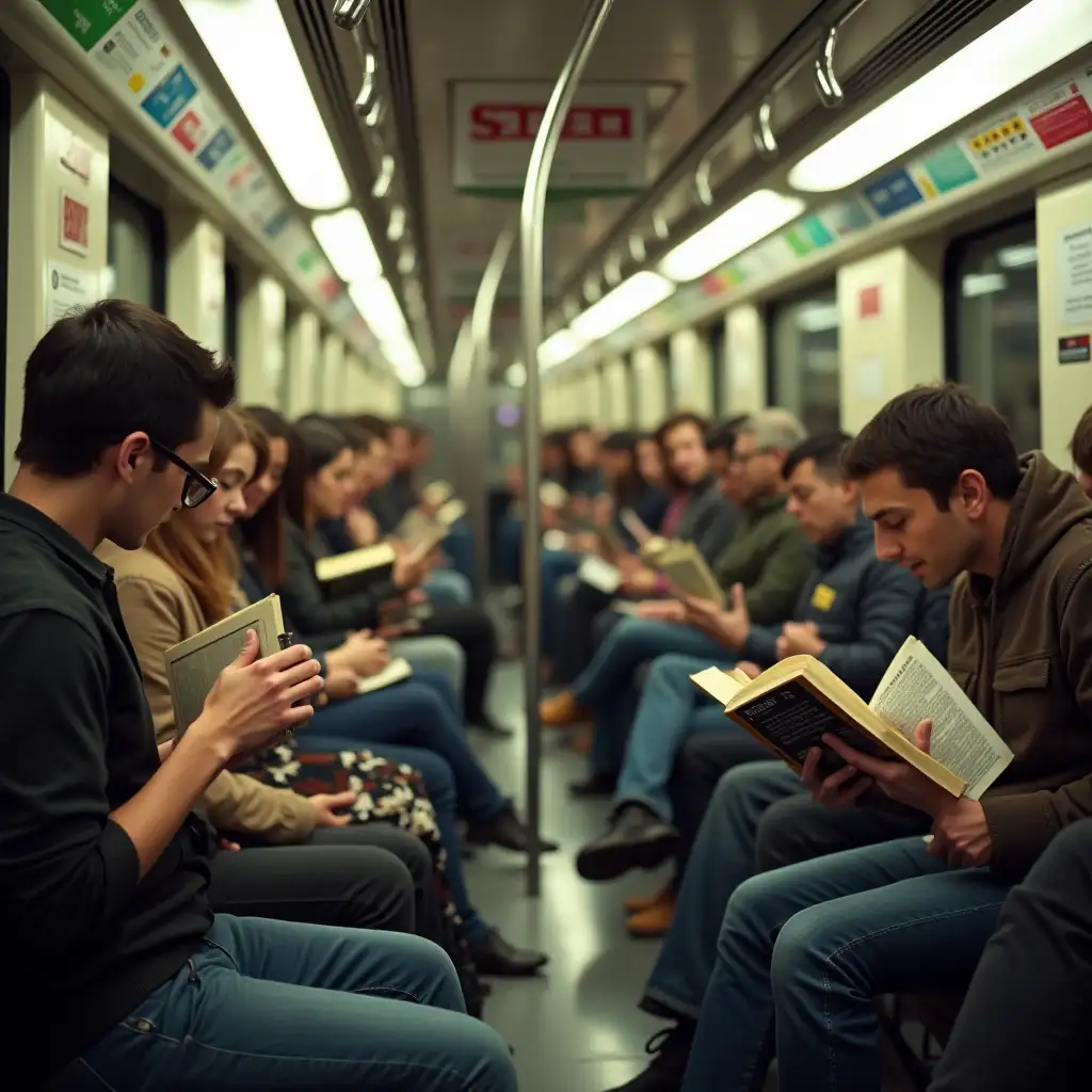 Image prompt: Metro where all passengers are holding a book, reading avidly, the book is called 'Guide to abuse'