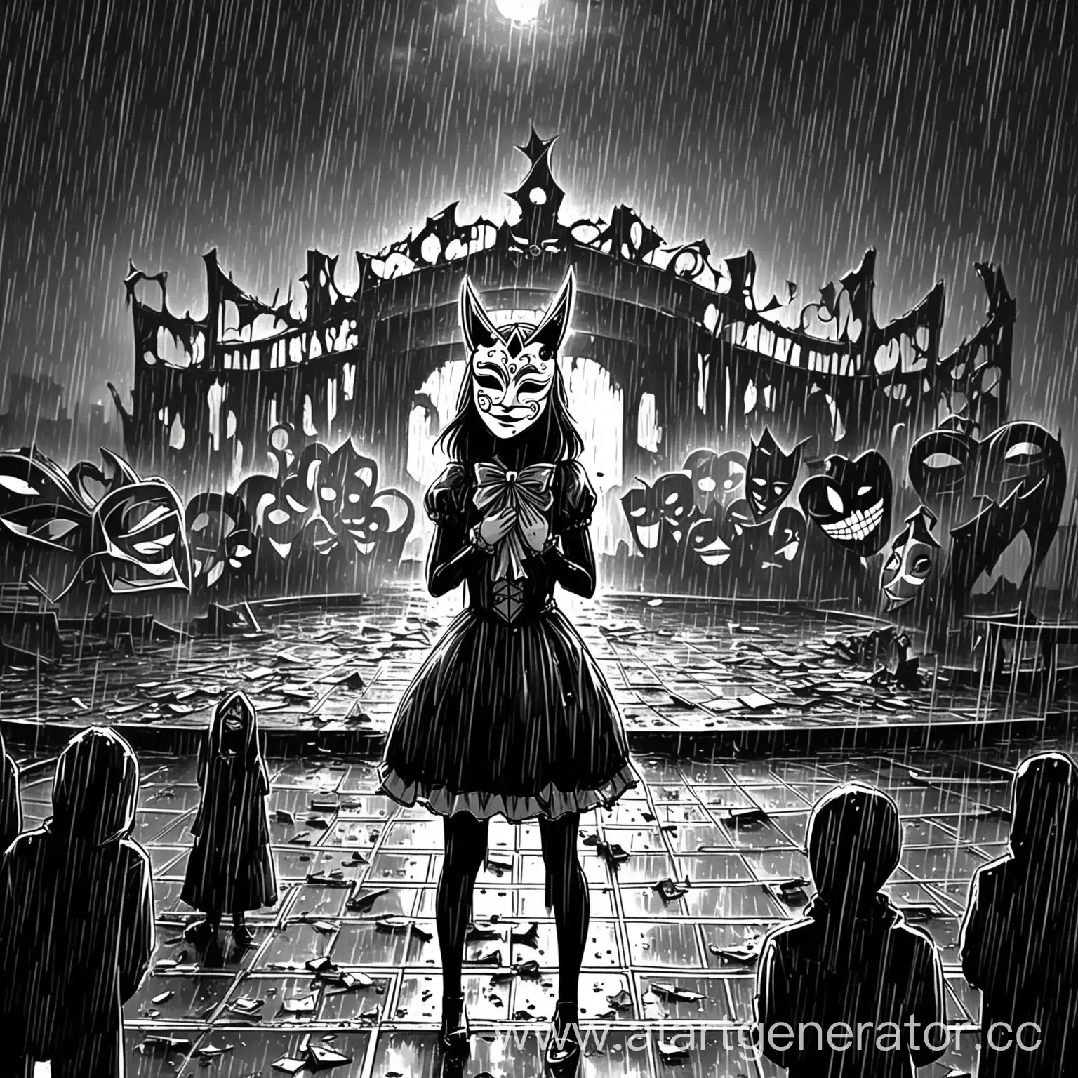 Sad-Arlekin-Girl-in-Masquerade-Costume-on-Rainy-Night-Stage