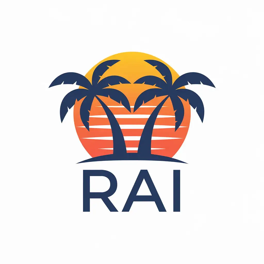 LOGO Design For RAI Two Palm Trees and Sun on White Background