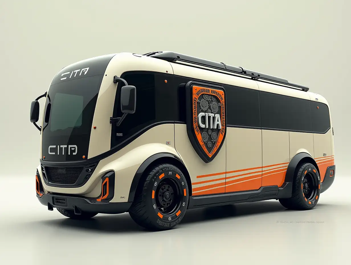 Supermodern utopian armed Sport Omnibus with a shield with the name CITA, orange stripes on the side with gears, deep-set bodywork, 18-inch wheels, aluminum rims, cream silver black Cyberpunk.