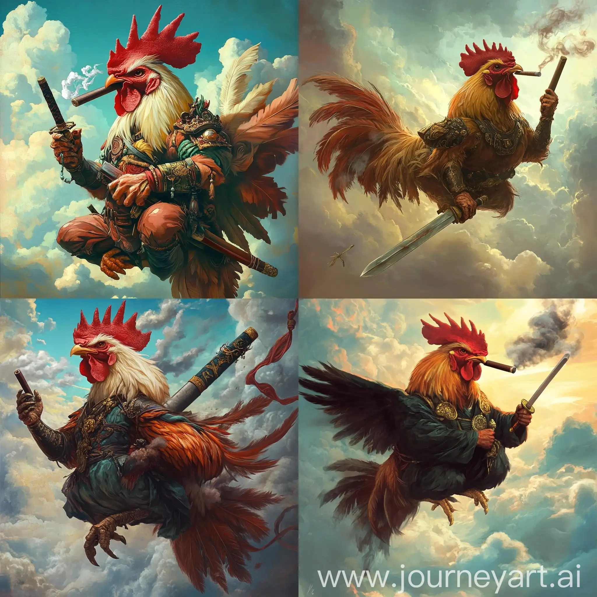 Strong-Rooster-with-Guan-Yus-Sword-Flying-in-the-Sky