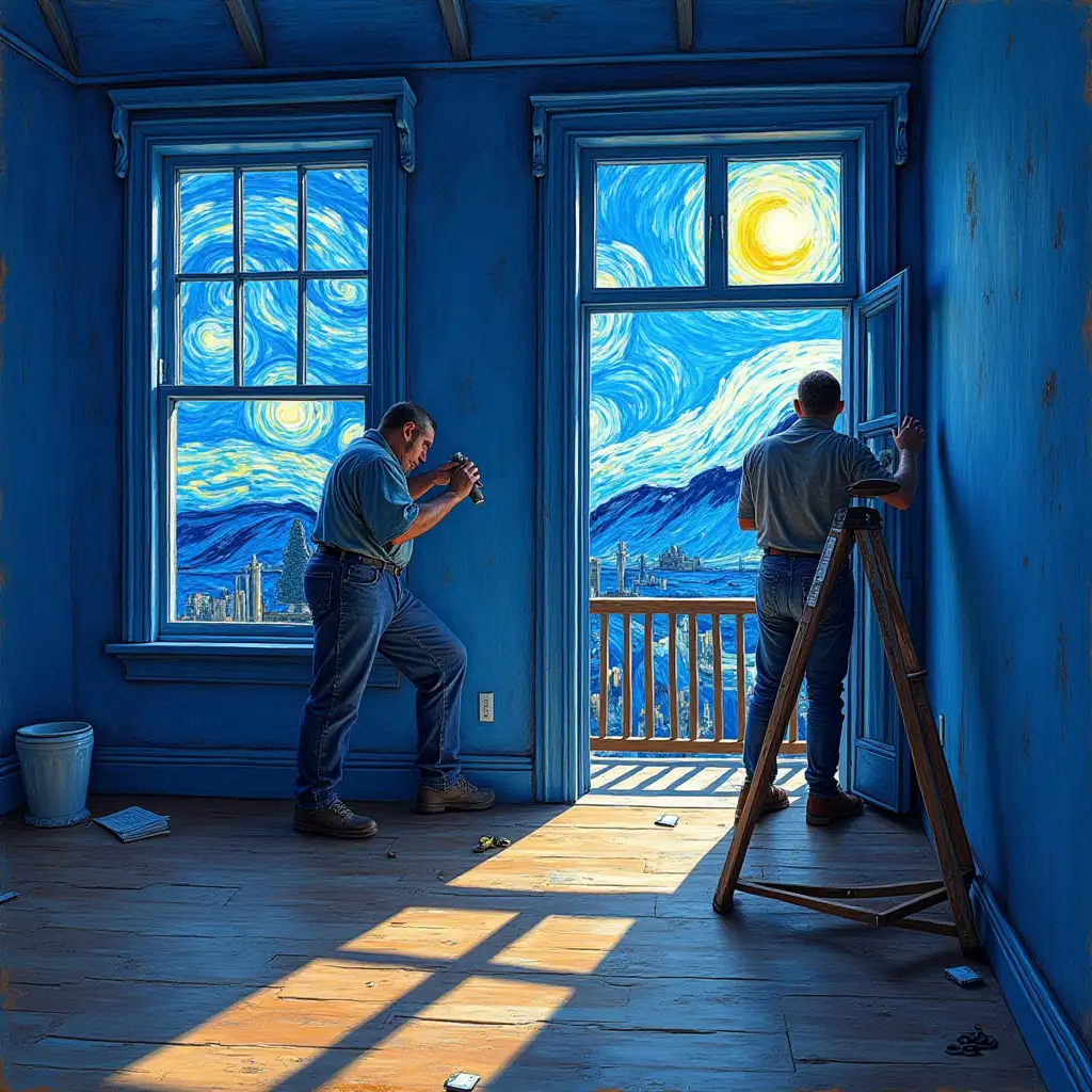 Workers Installing New Windows in a Vibrant Blue Scene