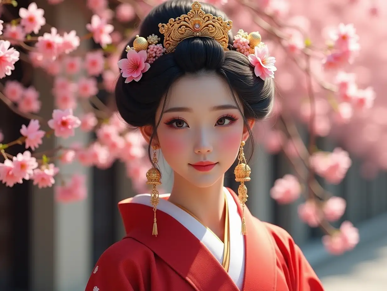 Japanese princess with very beautiful crown, red kimono in a palace with cherry blossoms 4K resolution