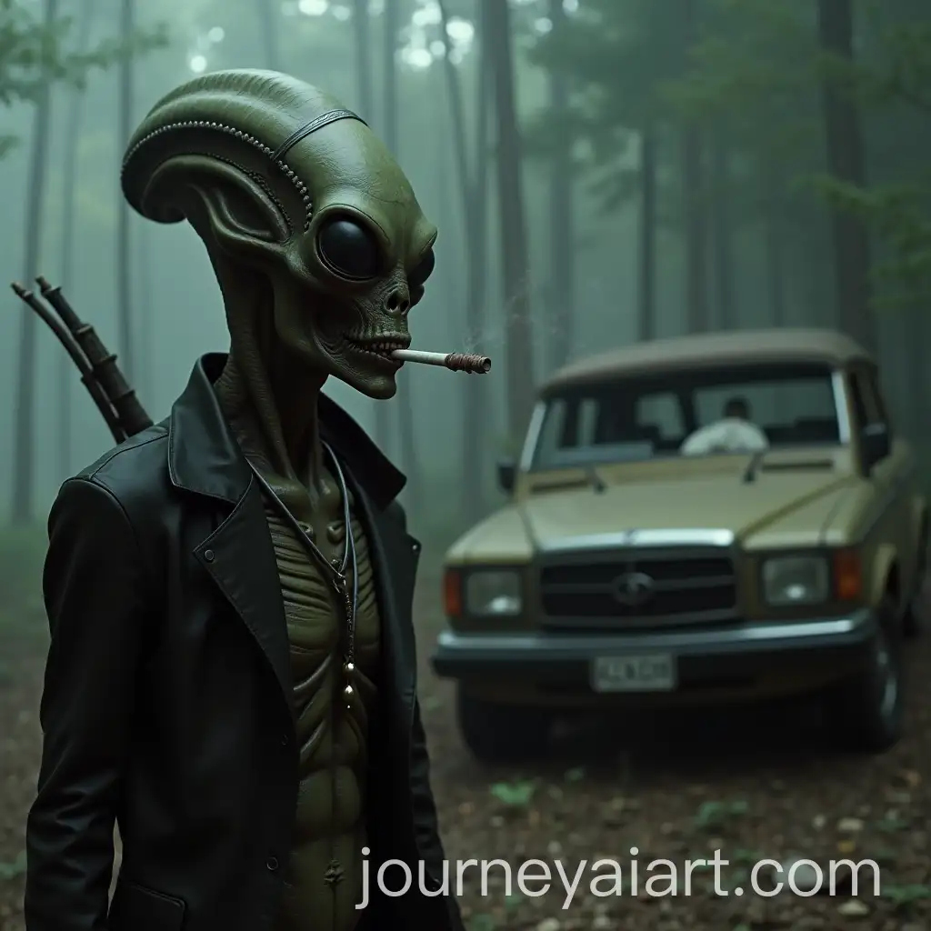 Surprised-Alien-with-Cigarette-Amidst-Wrecked-Car-Scene
