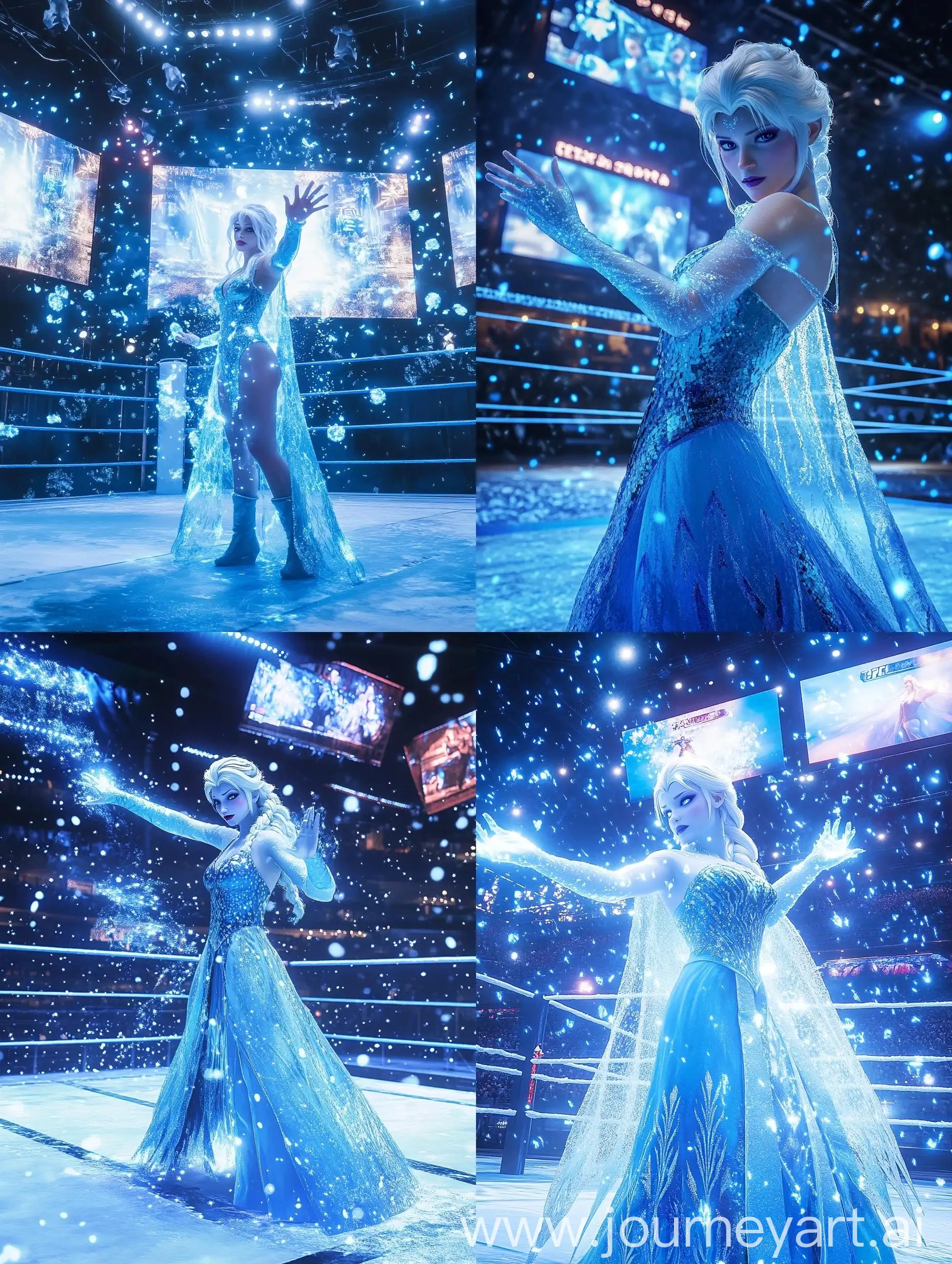 Japanese-Pro-Wrestler-Cosplaying-as-Elsa-in-a-Frozen-Arena-with-Fighting-Game-Interface