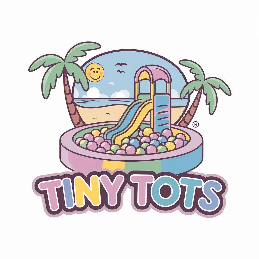 LOGO Design For Tiny Tots Ball Pit Kids Slide Park with Happy Palm Tree Beach Theme