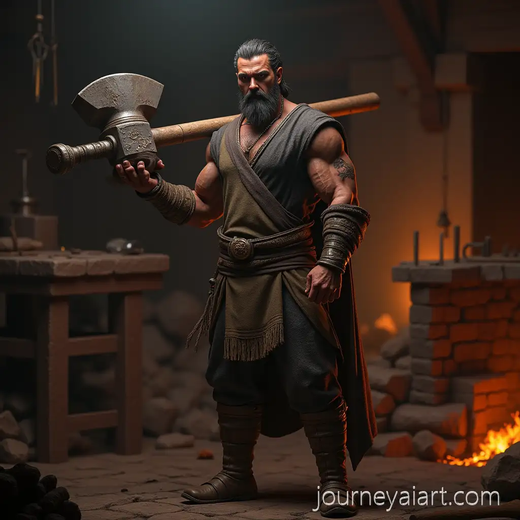 Kaveh-the-Blacksmith-inKaveh-the-Blacksmith-portrait-Forge-with-Hammer-Epic-Heroic-Scene