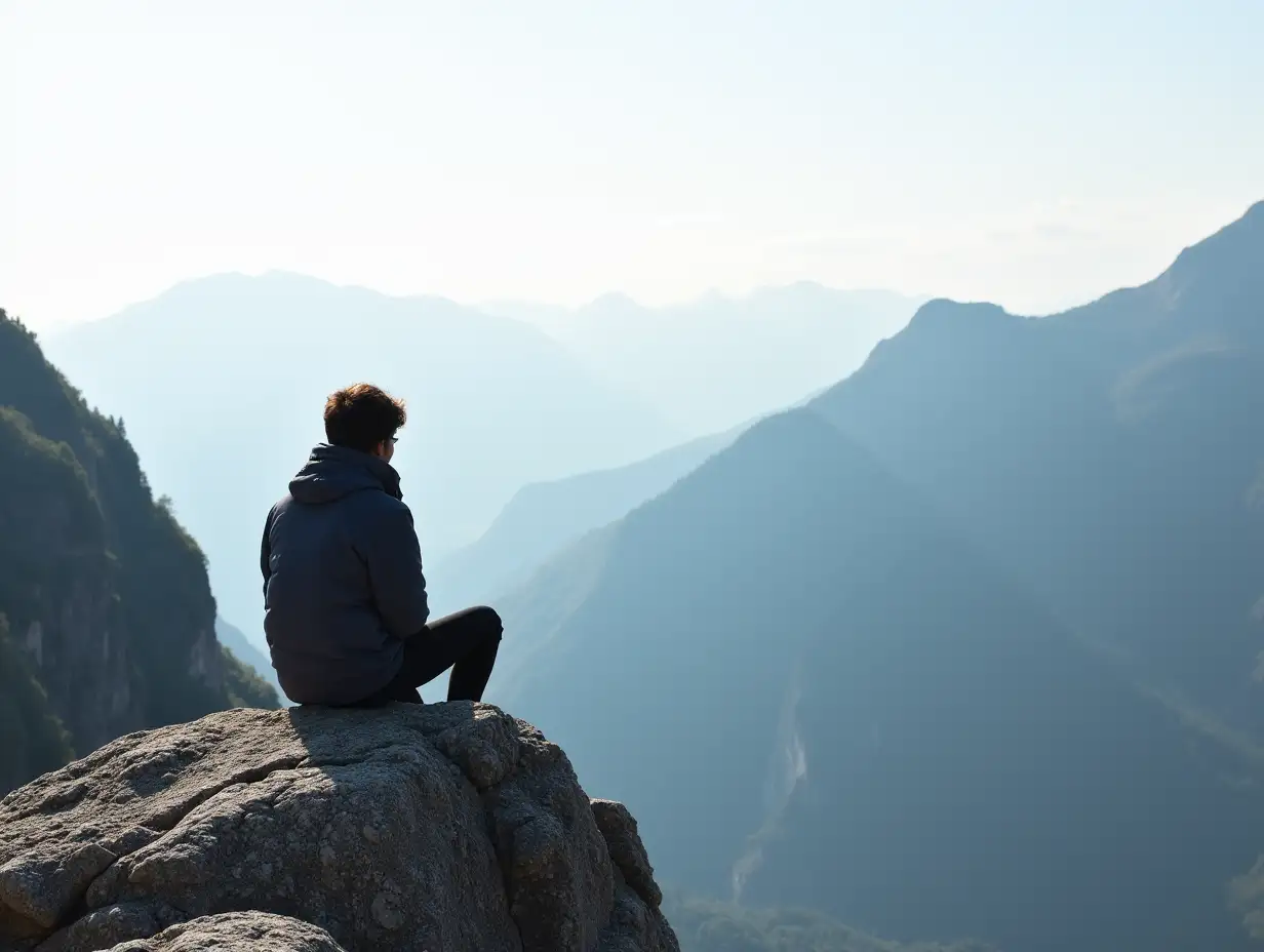 A person sits on a rocky cliff, gazing at a distant mountain range. The serene landscape inspires contemplation and reflection. A peaceful and majestic view that evokes tranquility and wanderlust.