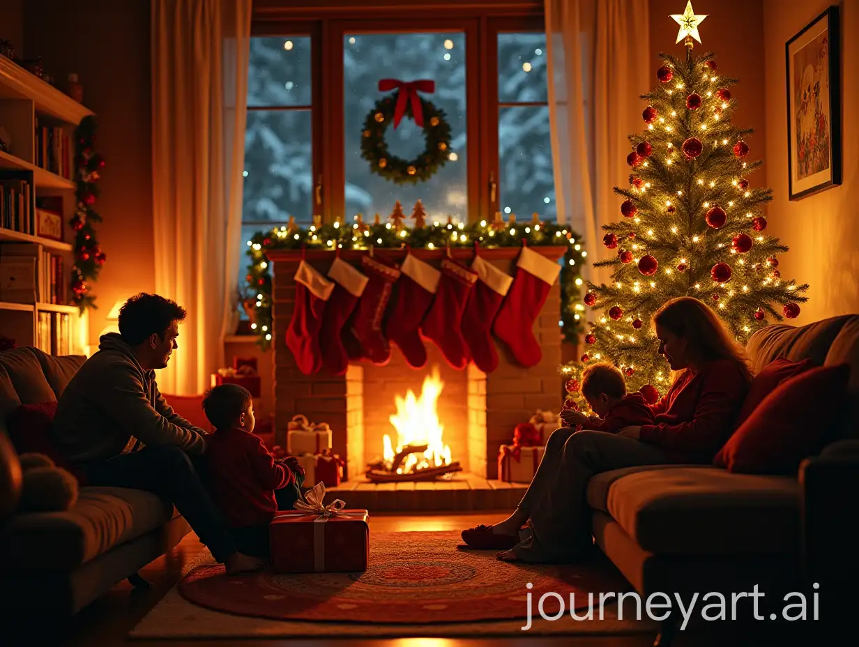 Family-Celebrating-Christmas-Eve-by-the-Fireplace-with-Snowfall-Outside