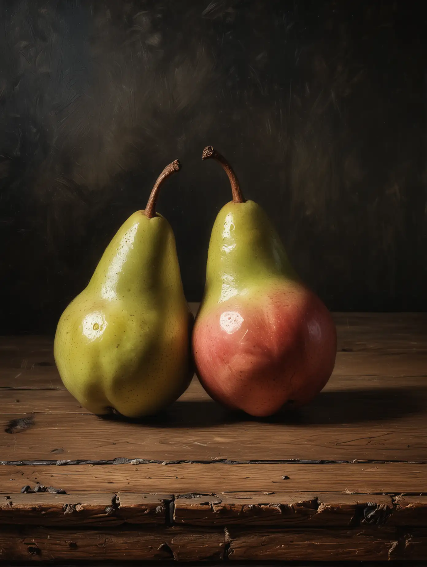 Impressionistic Painting of Blushing Pears on Wooden Table