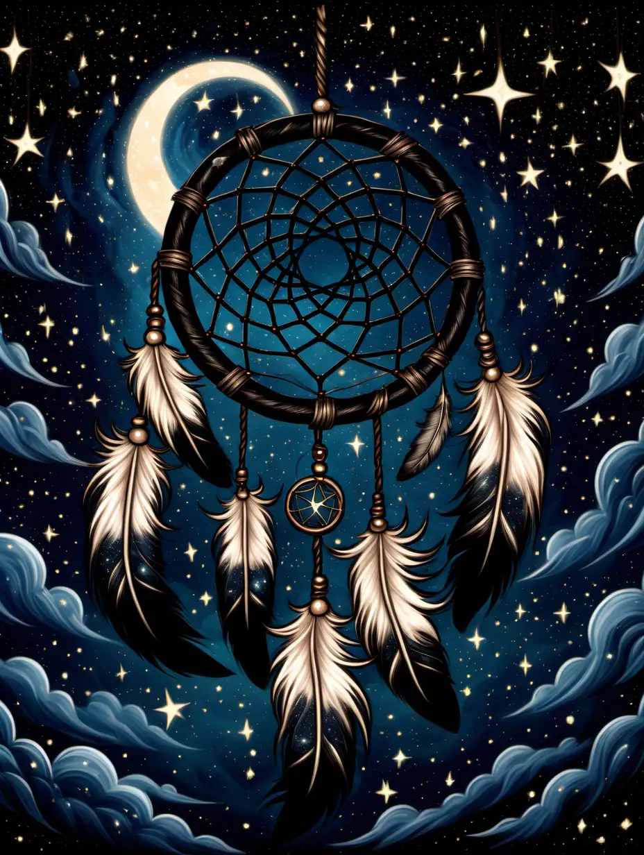 A dreamcatcher with dark feathers and a starry night sky.